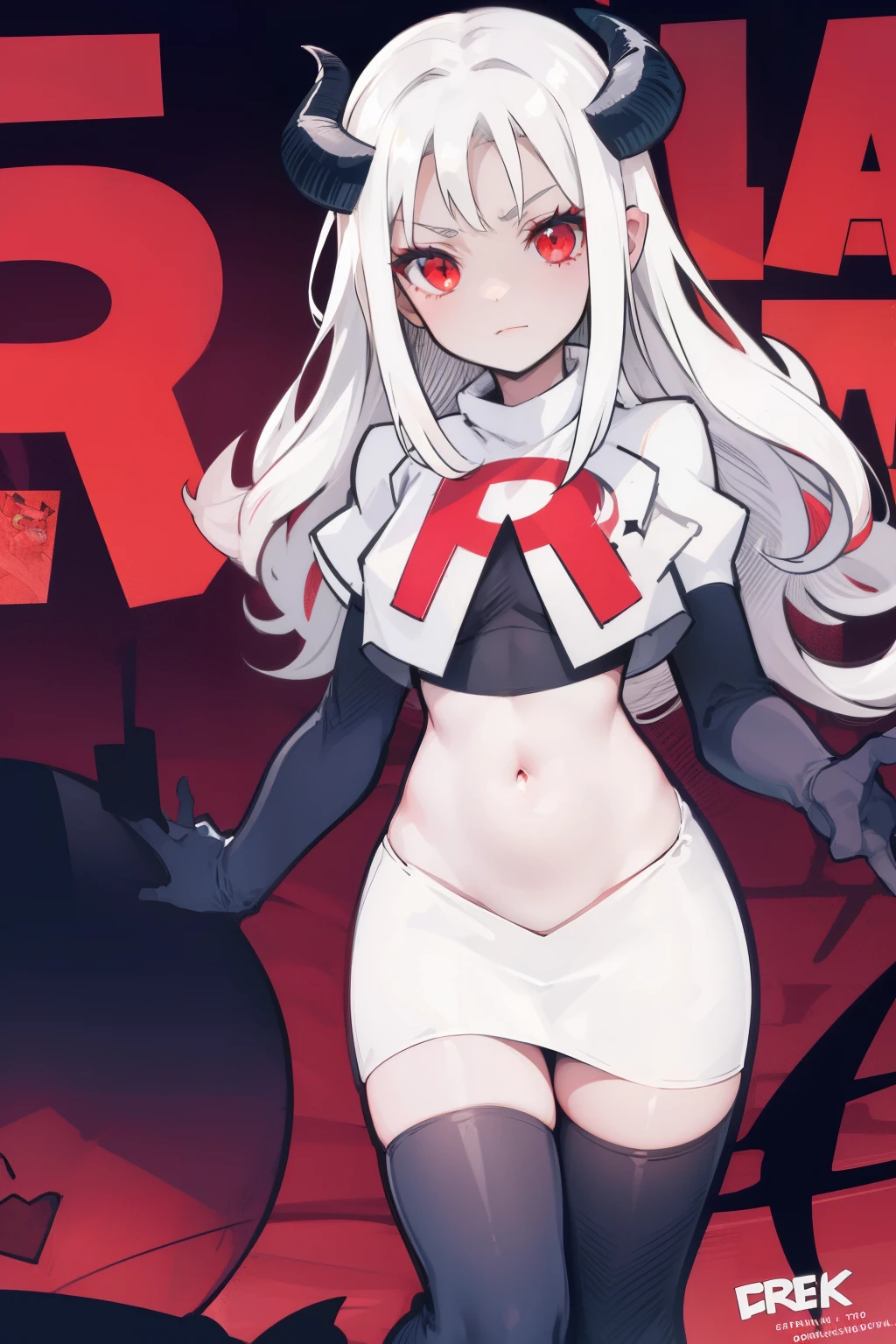 masterpiece, best quality, red eyes, white hair,demon horns, demon tail,team rocket,team rocket uniform,white skirt,red letter R,crop top,black thigh-highs,black elbow gloves, comic strip