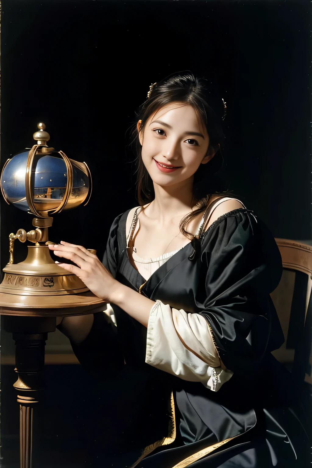 female mathematician,Ancient Greek costumes,Astronomical machinery,antique,A smile,,Sweet and seductive appearance.、Caravaggio's paintings、Chiaroscuro of Caravaggio,,Cute smile, Expression of ecstasy,erotick,A sexy