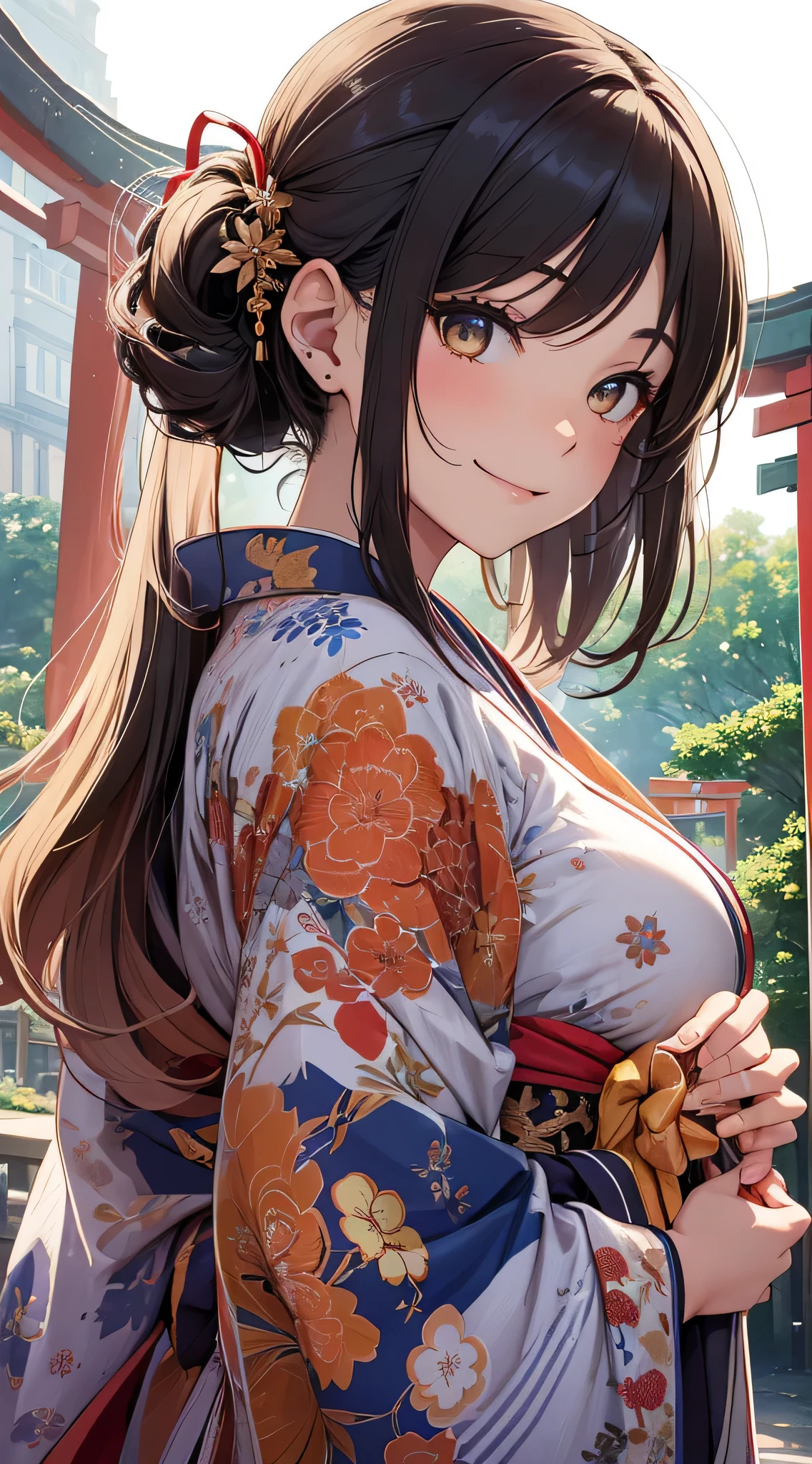 top-quality、Top image quality、masterpiece、teens girl((18year old、 Ager、Best Bust、Medium bust,wide open breast tea、Golden Eyes, a blond、poneyTail、A slender,Highest valley、Red kimono、Cute Hair Ornament、The best smile、Holding hands)),hiquality、Beautiful Art、Background with((jpn、Blue sky、shrines、torii gate、Bright sun、big crowd)),masutepiece、depth of fields、movie、visualart、Perfect Art、POV POV Perspective