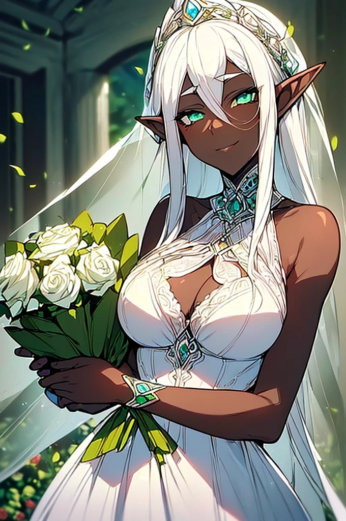 (((I want an elf woman with dark skin, white hair and lightly detailed green eyes, with full breasts and a beautiful body, wearing a detailed white wedding dress, And on her face a shy expression but with a gentle smile while holding a bouquet of roses)))