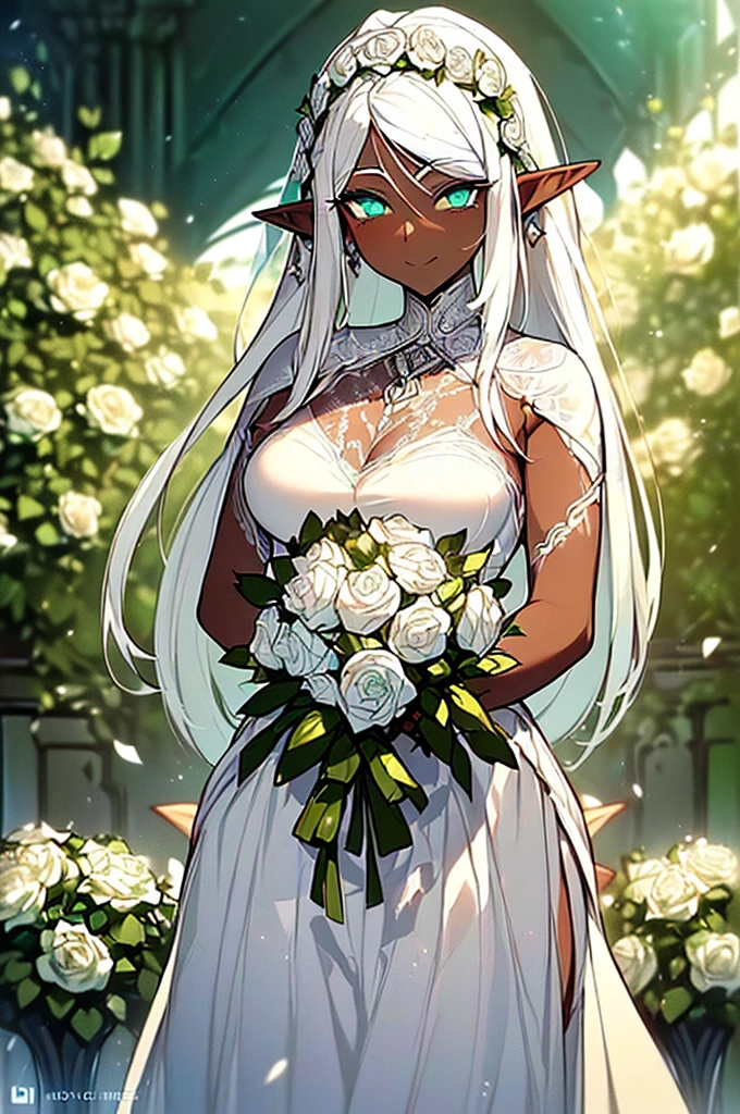 (((I want an elf woman with dark skin, white hair and lightly detailed green eyes, with full breasts and a beautiful body, wearing a detailed white wedding dress, And on her face a shy expression but with a gentle smile while holding a bouquet of roses)))