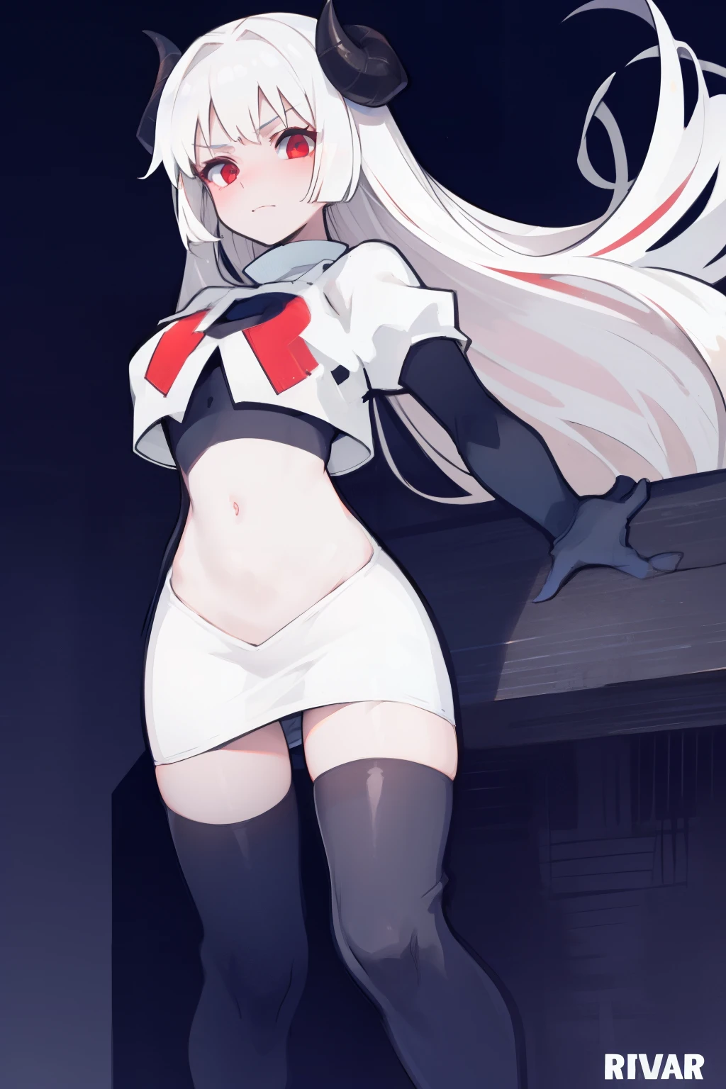masterpiece, best quality, red eyes, white hair,demon horns, demon tail,team rocket,team rocket uniform,white skirt,red letter R,crop top,black thigh-highs,black elbow gloves, comic strip