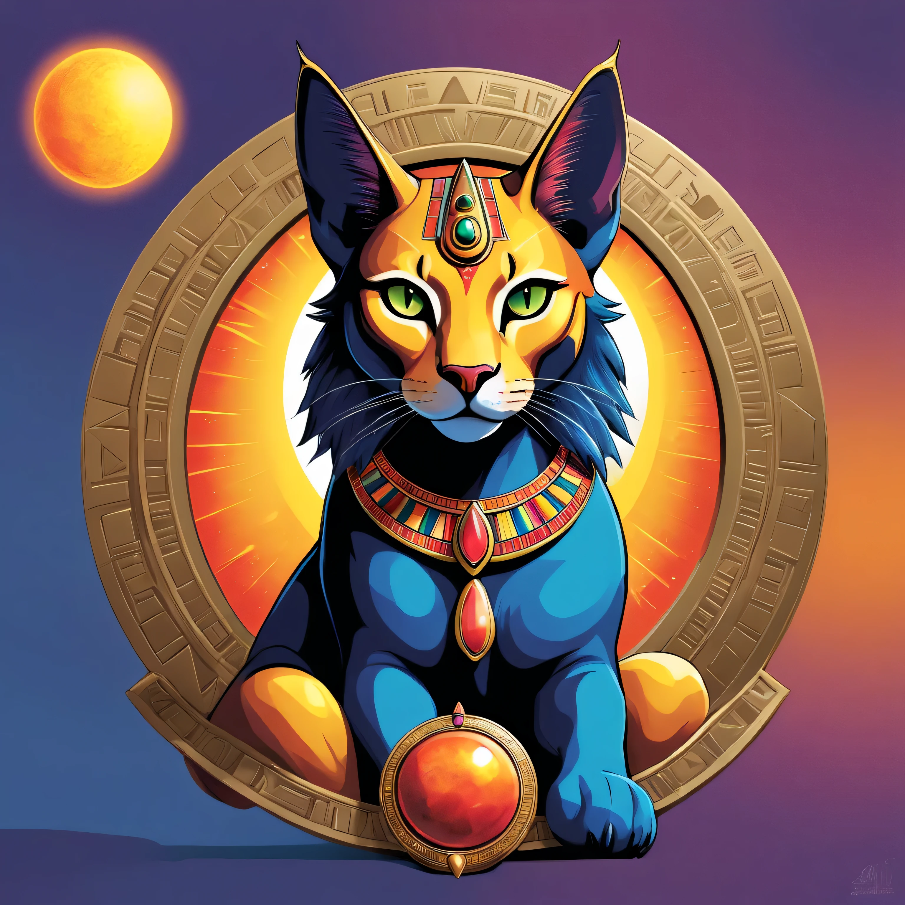 In a unique fusion of Pop Art and Anime/Comic Book, create a vibrant and luminous digital art design of the Egyptian god Bastet as a guardian protector of the home or hearth. This goddess is often depicted wearing a collar with a solar disk and a tiny image of a lioness, so incorporate these elements into the piece, while adding a dynamic and playful element that draws from the Pop Art style. Utilize bold colors and exaggerated features to evoke a sense of both reverence and joy.