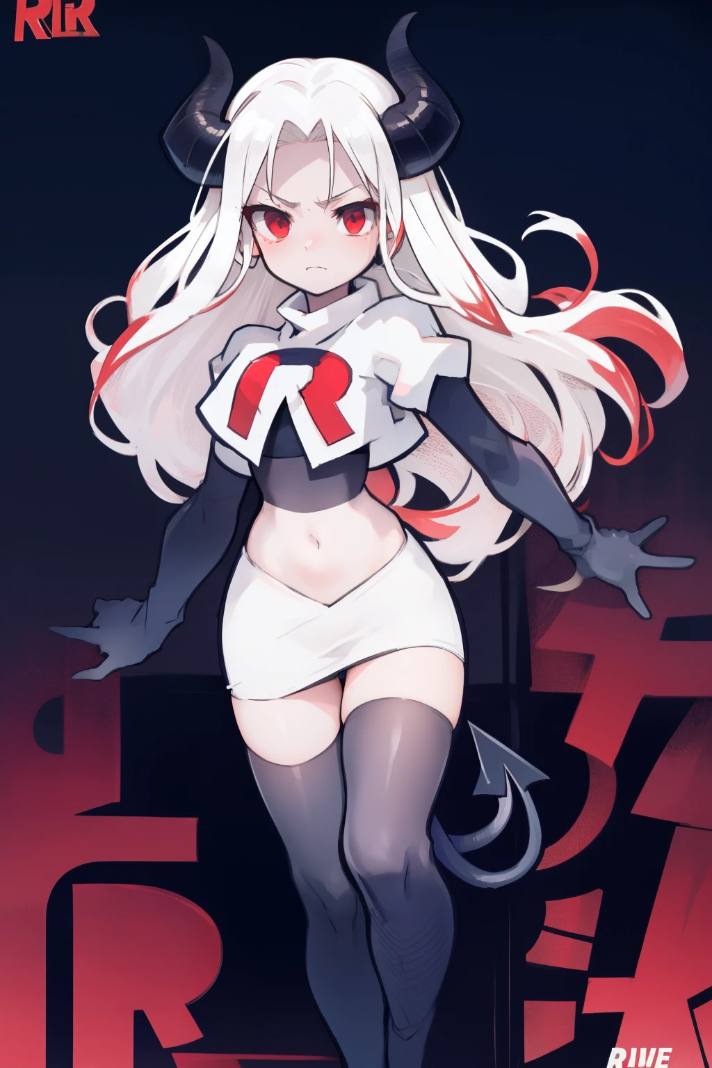 masterpiece, best quality, red eyes, white hair,demon horns, demon tail,team rocket,team rocket uniform,white skirt,red letter R,crop top,black thigh-highs,black elbow gloves, comic strip