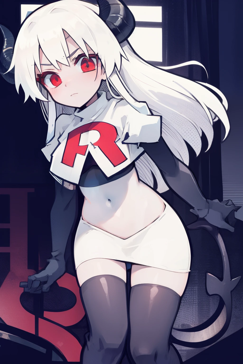 masterpiece, best quality, red eyes, white hair,demon horns, demon tail,team rocket,team rocket uniform,white skirt,red letter R,crop top,black thigh-highs,black elbow gloves, comic strip