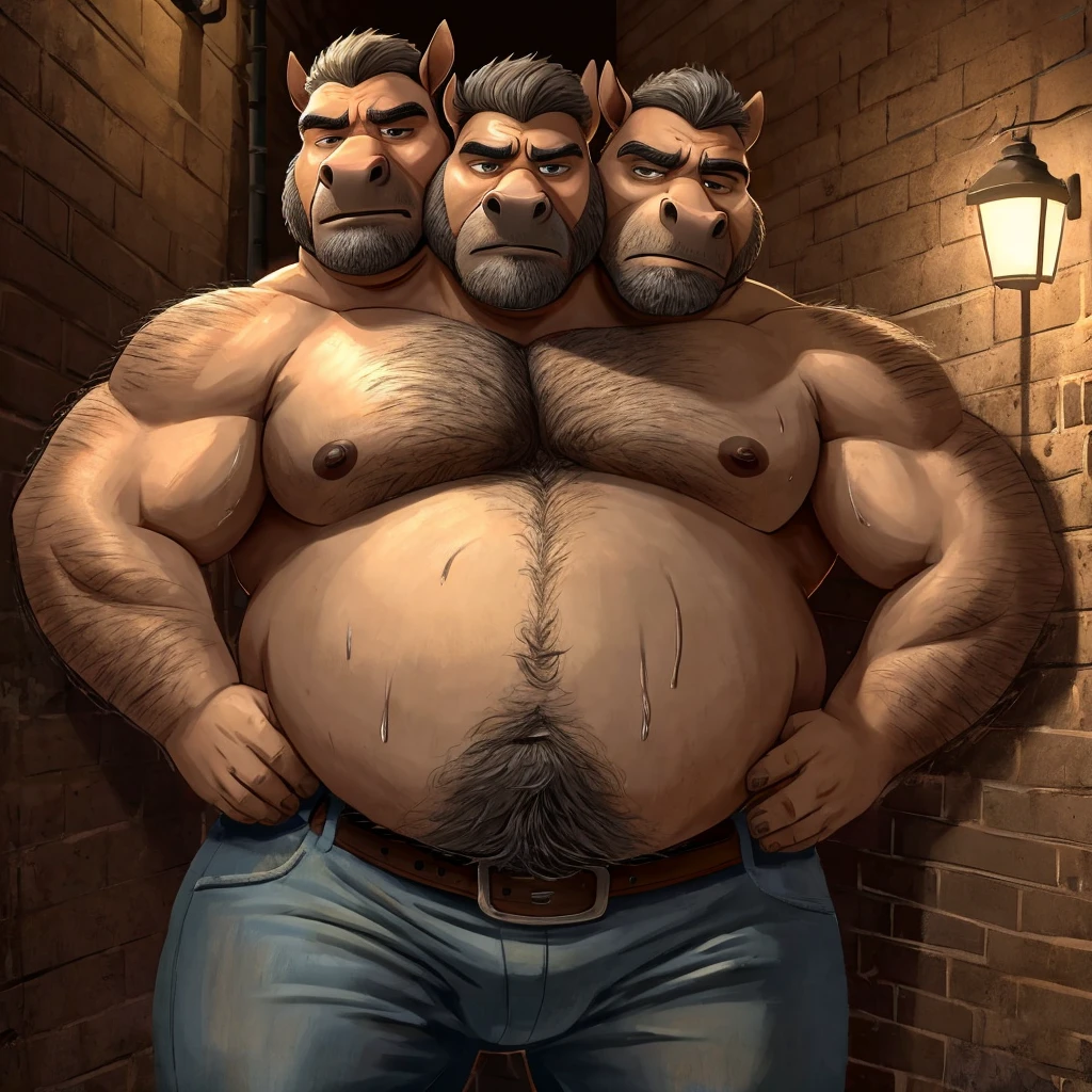 two heads one body, horse, grumpy, frowning, tired, annoyed, obese, fat, older male, old, dark alley background, streetlight, graffiti, anatomically correct eyes, shirtless, jeans, belt, sweaty, hairy, gross, hands on hips, disgusting art style, masculine art style, Dreamworks style, Pixar art style, Disney art style, rugged art style, dirty art style, gray hair, eyes looking down, cheek to cheek, identical, bald