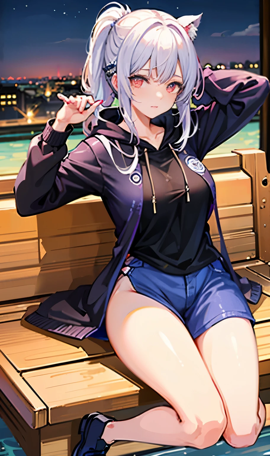 ((独奏))、Beautuful Women、Female height 162 cm、(masterpiece))、top-quality、high-level image quality、ultra-detailliert、ighly detailed、face perfect、g-cup、Beautiful waist with big and full breasts、poneyTail、Sunglasses on the head、Hair is two-tone orange and black、Blue pupil、fullbody image、sexual excitement、My whole body is wet、((((((Casual clothing))))))、dressed casually)、very highly detailed breasts、detailed buttocks、Detailed finger、Stuffiness、Torogao、Realistic moisturized skin、(soaked body:1.3)、Eye of Detail、erotick、beautiful background background japan tokyo))、(Black hoodie)、shoes