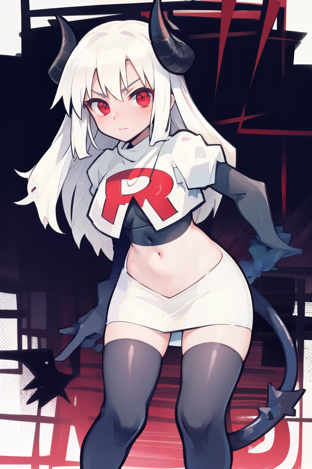 masterpiece, best quality, red eyes, white hair,demon horns, demon tail,team rocket,team rocket uniform,white skirt,red letter R,crop top,black thigh-highs,black elbow gloves, comic strip