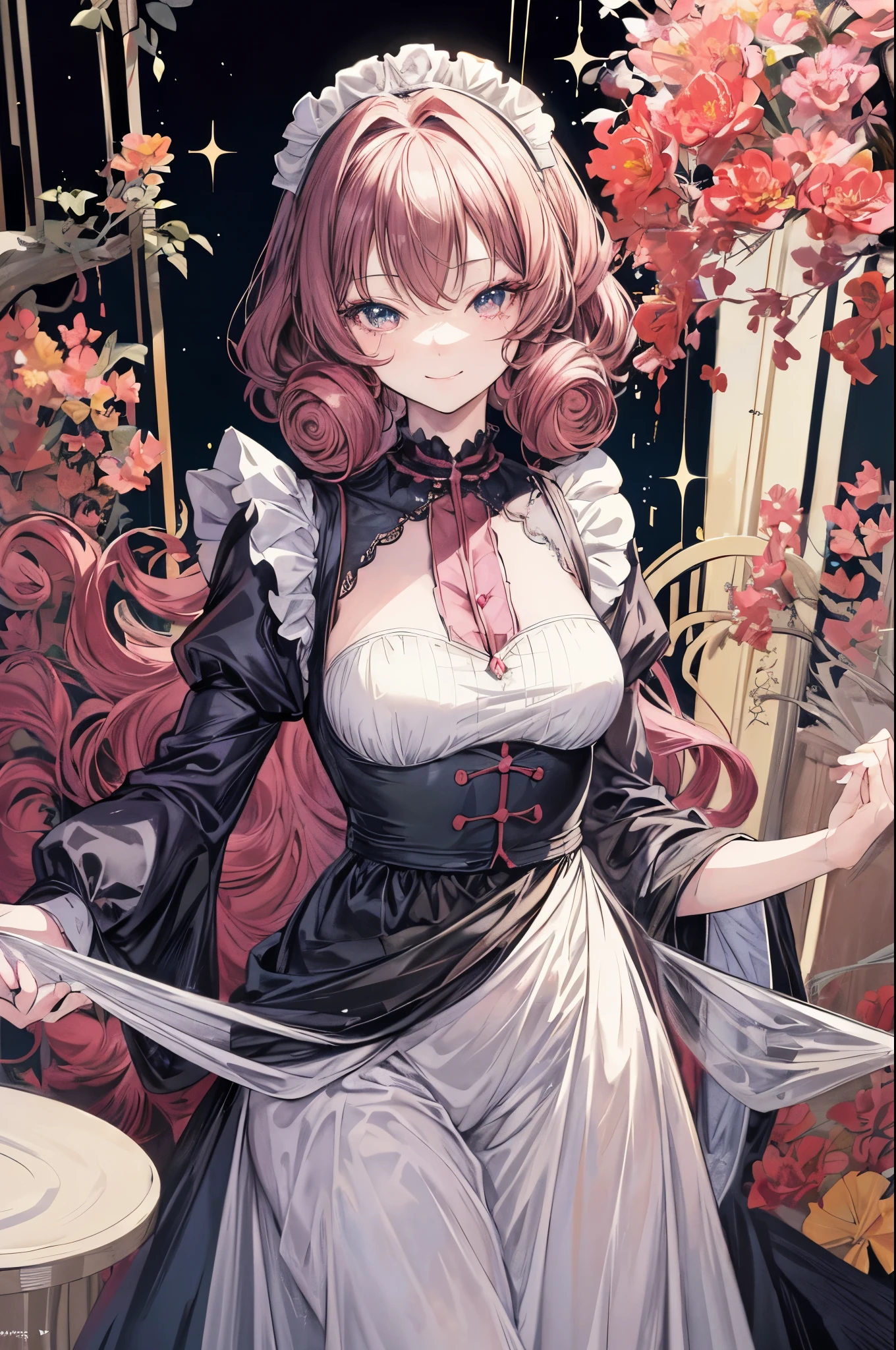 (flat color:1.1),(masterpiece:1.2), best quality, masterpiece, original,curly hair and sparkling eyes, (mature anime woman looking at the camera with a shy smile:1.2), wearing a maid outfit