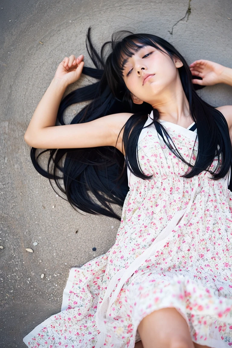 Beautiful girl wearing a summer dress、years、japanes、(heavy wind)、wistfulness、Black hair straight long hair、With bangs、lose consciousness and lie on your back、