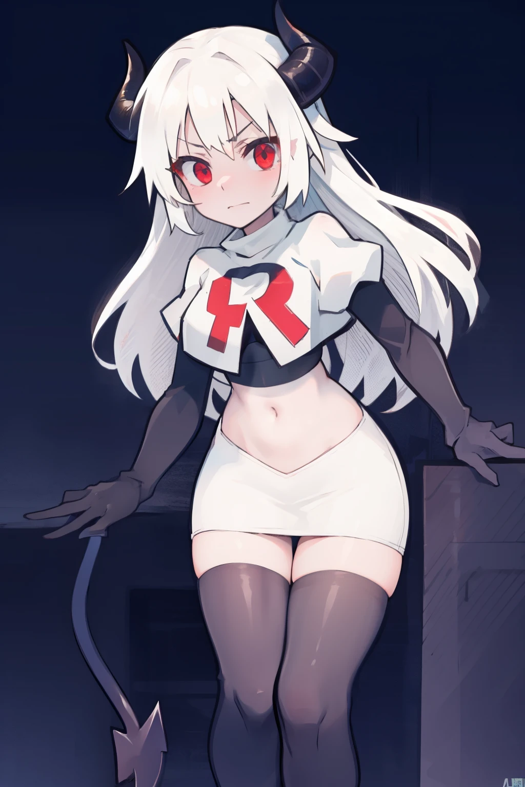 masterpiece, best quality, red eyes, white hair,demon horns, demon tail,team rocket,team rocket uniform,white skirt,red letter R,crop top,black thigh-highs,black elbow gloves, comic strip