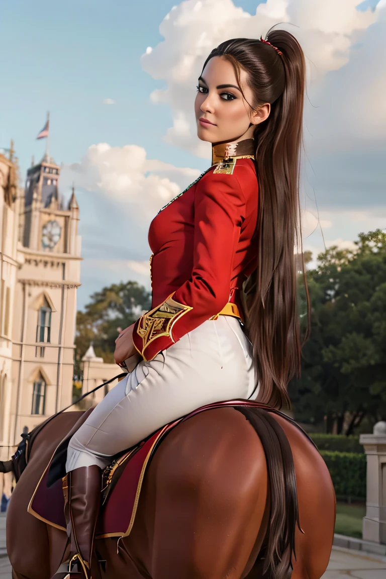 ((masterpiece)), ((best quality)), digital painting, ((photorealistic)), wide angle shooting, beautiful, sexy woman, brown eyes, long hair, eyebrows, facial details, wearing a royal uniform, ((red jacket , epaulets)),cleavage, (tight white trousers), British royal guard uniform, sexy, outdoors, sweet smile, perfect body anatomy, complicated soldier uniform, hips, big thighs, cowboy shot, facing the audience, background Back, parliament building, Royal Palace, luxury, sky, clouds, (super, high detail), professional photographer (hyper detail), depth of field, sharp lighting, focus, (intricate detail), ultra UHD, 16k​ ​