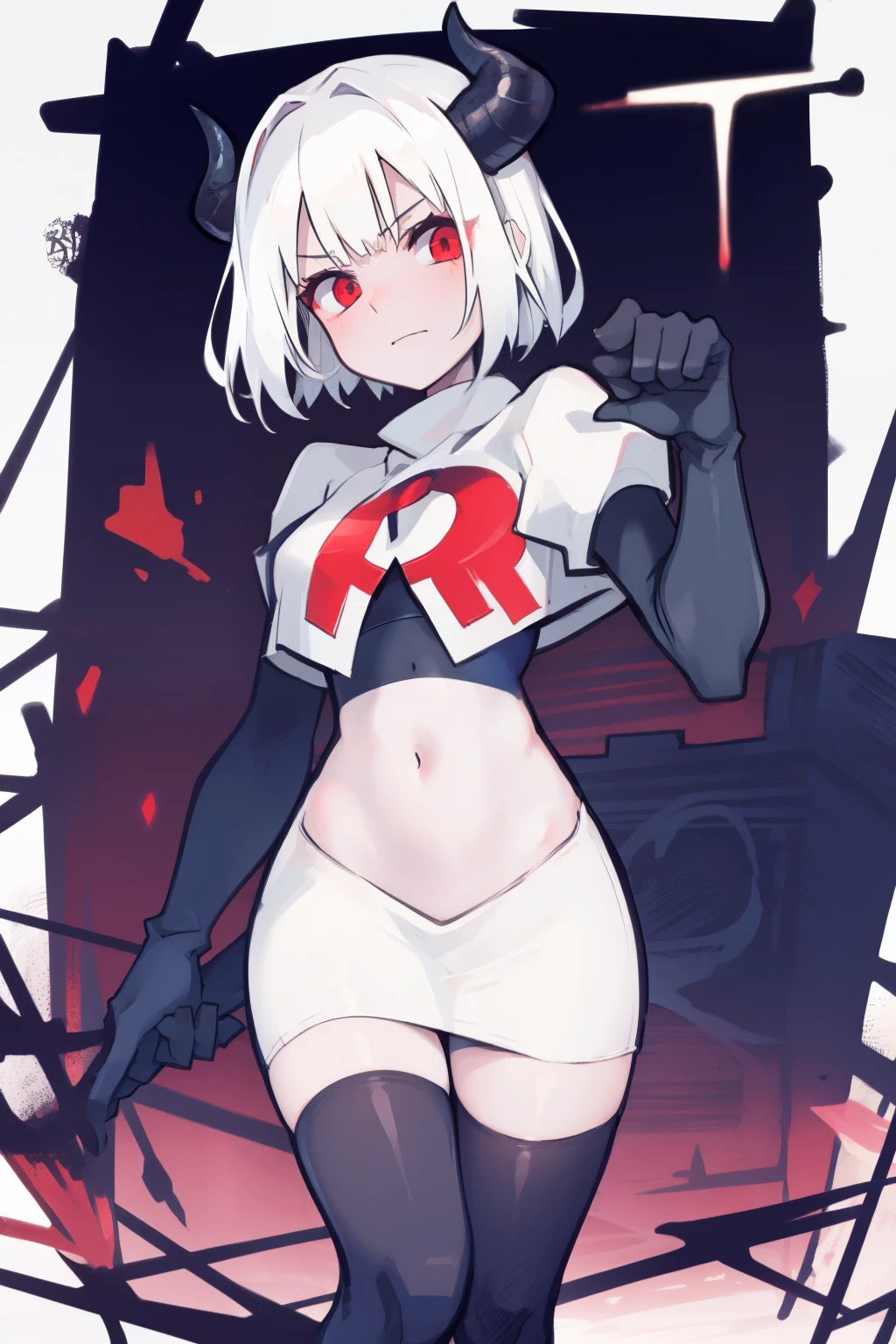 masterpiece, best quality,melina,red eyes, white hair,team rocket,team rocket uniform,white skirt,red letter R,crop top,black thigh-highs,black elbow gloves, comic strip