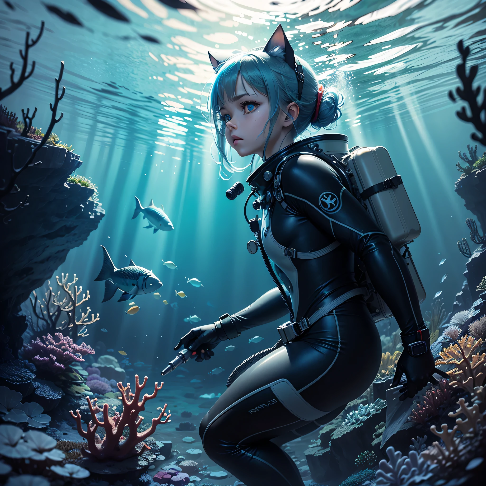 (masterpiece, best quality, beautiful anime art:1.4) submarine, underwater_view, 1boy, blue hair, blue cat ears, full_body_shot, determined_expression, holding_steering_wheel, submarine_window_view, dimly_lit, blue_theme, monochrome, underwater_caves, sunken_shipwreck, bubbles, ray_of_light, mysterious, serene, diving_suit, oxygen_tank, tied_back_hair, goggles, glowing_eyes, periscope, gauges, control_panels, nuclear_submarine, torpedoes, sonar_equipment, metal_walls, porthole_windows, schools_of_fish, coral_reef, ocean_exploration, deep_sea_adventure, hidden_treasures, aquatnvironment, cinematic light, (sharp focus:1.6), highly detailed, ultra realistic, 8k