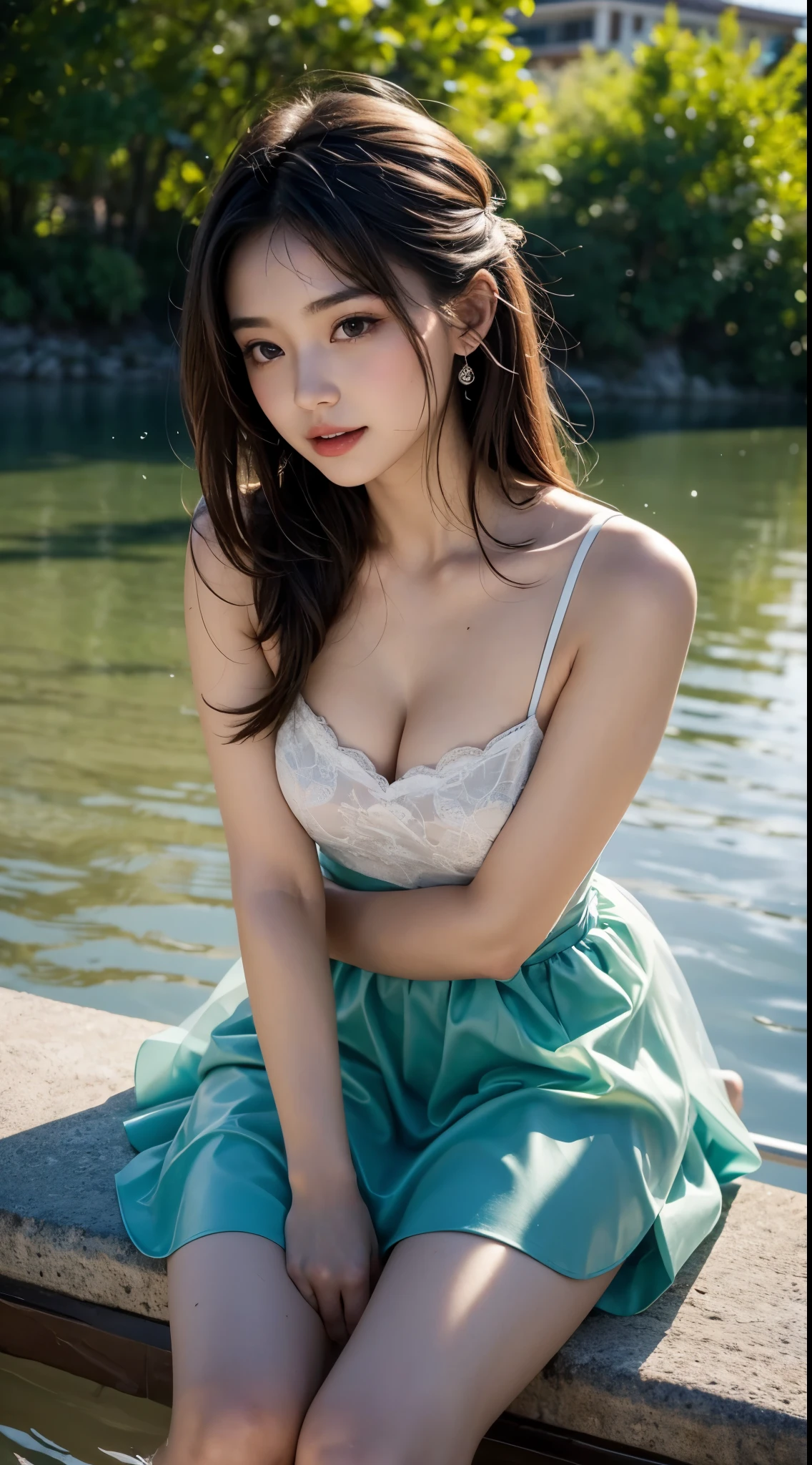 pure and cute,A girl with delicate facial features,Jade feet and long legs,Wear a tulle skirt,looming inside,sittinng on the river,The river is one meter deep,Use one to stir up water splash,The other one goes into the water,Beautiful toes,Legs straight,Happy expression