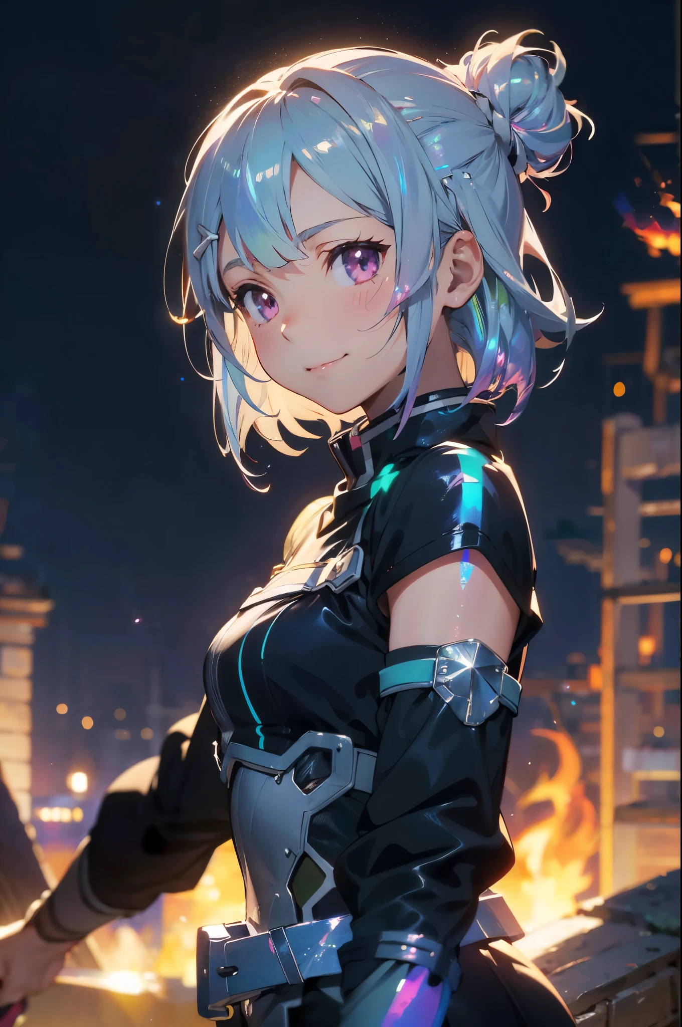 a 20 yo woman、Short hair with silver bob styled in a bun with hair clip, Pink eyes、little titi's smile、(hi-top fade:1.3)、dark themed、Muted Tones、Subdued Color、highly contrast、(natural skin textures、Hyper-Realism、Soft light、sharp)、With a longsword with two flames, White combat uniform, Sword Art Online Adaptation, Red strokes that simulate the speed of the character, Battle Mode, (A hyper-realistic、Highly detailed 8K CG unit wallpaper}, Vast landscape photos, (A central view that prioritizes the entire character, (Wide Open Field View), (low angle shot), (Highlight: 1.5), (low illuminance: 1.0), (Warm light source: 1.0), intricate-detail, (Iridescent colors: 1.5), (Bright lighting), (Atmospheric lighting), Sword Art Online, Dreamy, Anime