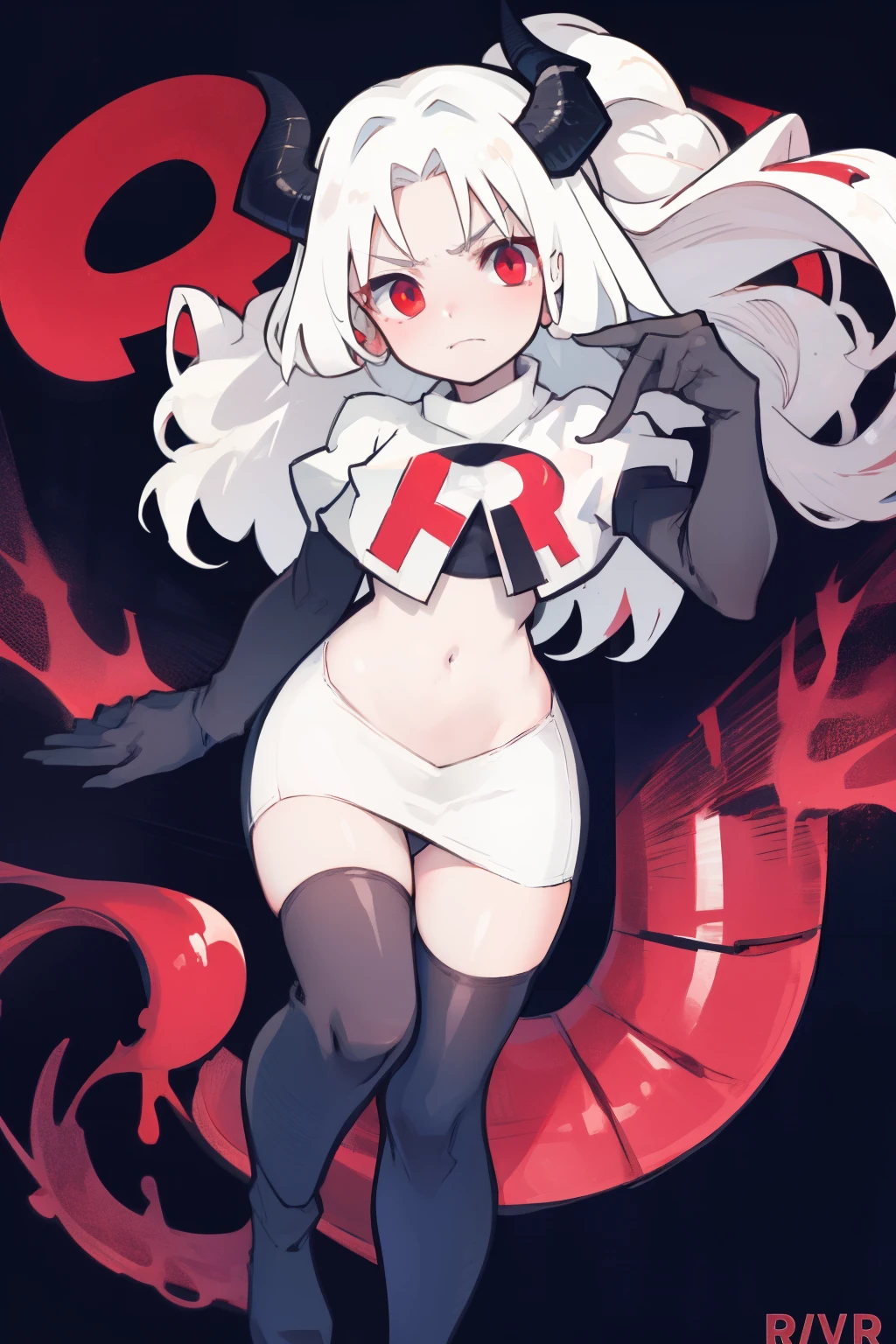 masterpiece, best quality, red eyes, white hair, twintails,hair over one eye,,black hair ribbons,ahoge,demon horns, demon tail,team rocket,team rocket uniform,white skirt,red letter R,crop top,black thigh-highs,black elbow gloves, comic strip