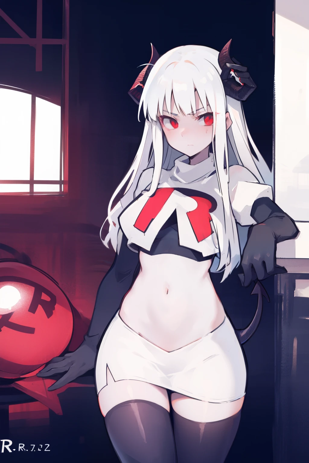 masterpiece, best quality, red eyes, white hair,demon horns, demon tail,team rocket,team rocket uniform,white skirt,red letter R,crop top,black thigh-highs,black elbow gloves, comic strip