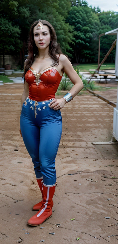 Perfect proportion, full body, whole, Hires, 1 woman, solo, woman around 30 years old, diffused sunlight, depth of field, tracksuit and tracksuit long pants, pose to take a photo, realistic, top quality, detailed face , Smile, Road to Transformation, A woman in a tracksuit transforms into Wonder Woman, The tracksuit smoothly transforms into Wonder Woman costume, Tracksuit long pants smoothly transforms into Wonder Woman costume, Athletic shoes smoothly transform into red long boots ,