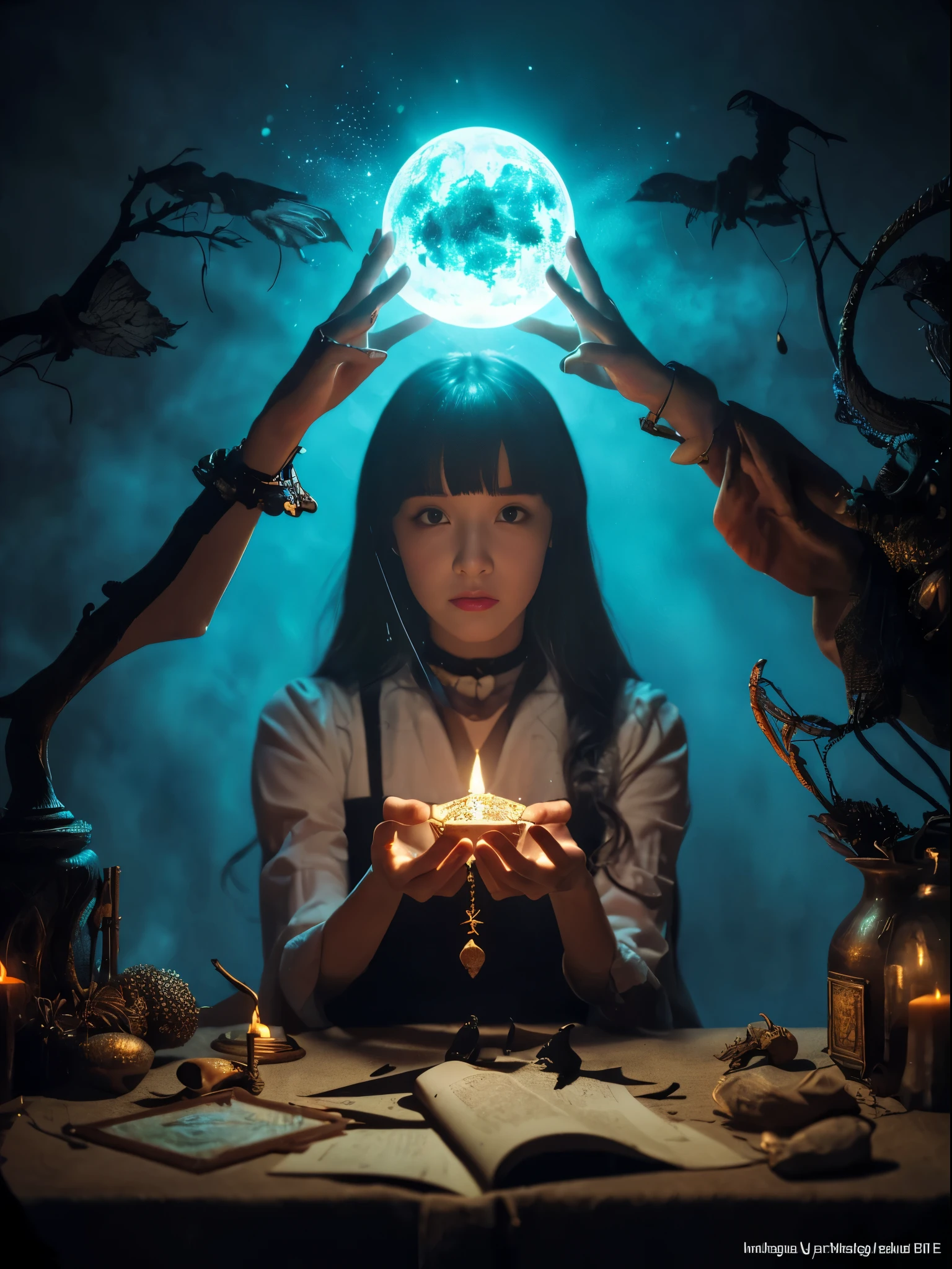 1girl in, (witchcore, witchcraft, pagan, Mystical, Nature, occult) , magician, spell magic, Magic Circle, ((magic in hand)),(masutepiece, Best Quality:1.4),(absurderes, hight resolution, ultra-detailliert:1.2),(using dark magic:1.4), imaginative overlays, artistic fusion,fantastical scenes, evocative narratives, striking visuals, Upper body ，(((Best Quality))),(((ultra-detailliert))),(((masutepiece)))