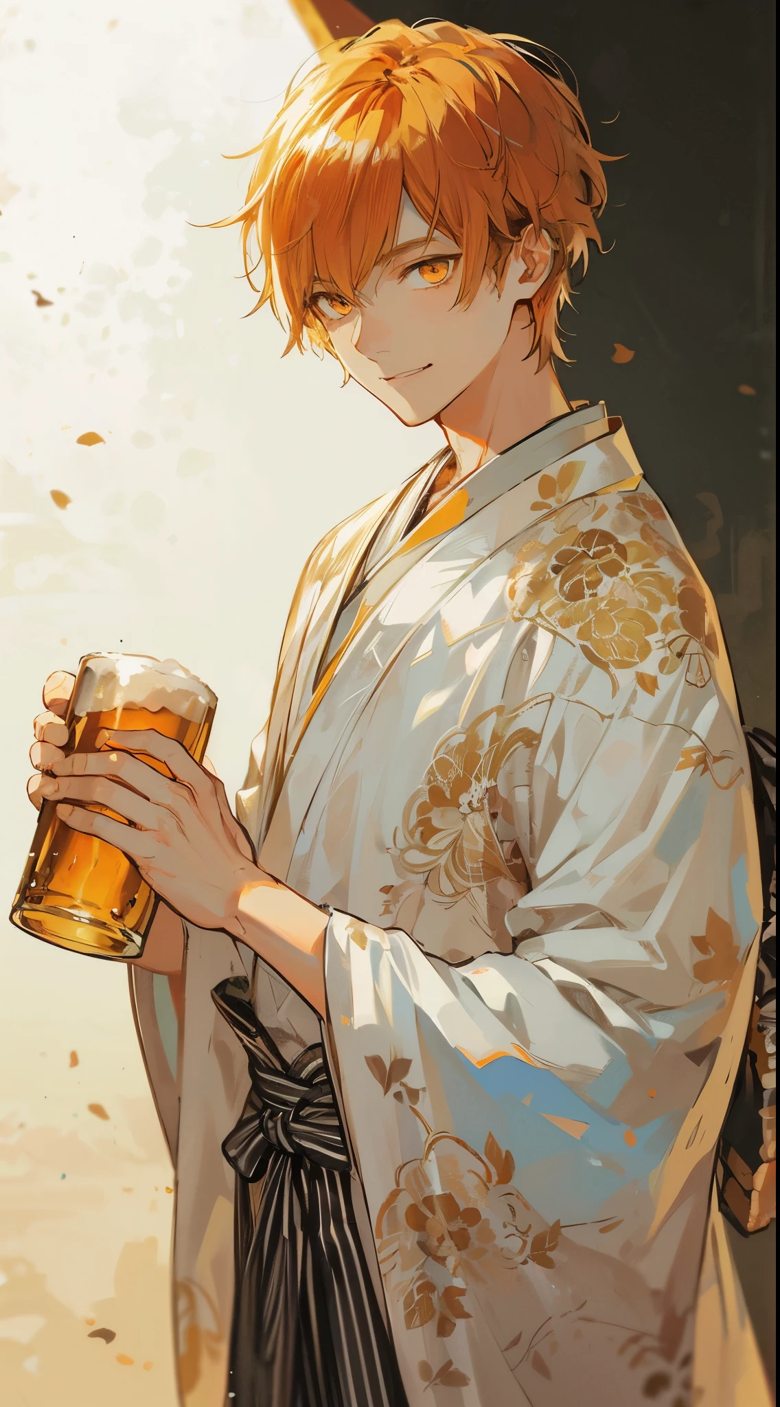 high quality, amount of drawing, pixiv illustration, Beautiful young man, short golden hair, slit eyes, orange eyes, white, masculine kimono, holding a beer mug, good mood, masculine, dignified