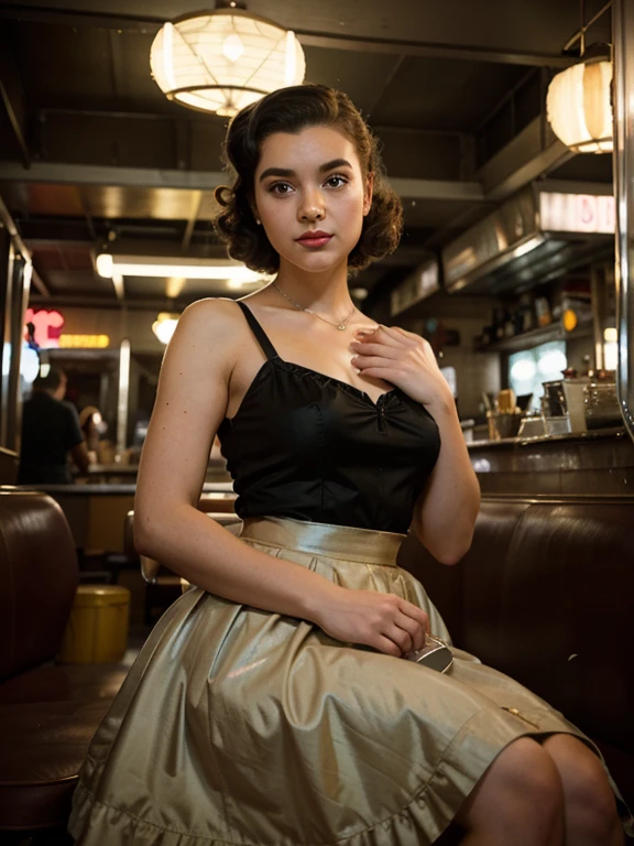 1girl dressed in a 1950s-inspired dress, complete with a full skirt and petticoat, her hair styled in classic pin curls. She should be seated at an old-fashioned diner, surrounded by vintage details like a jukebox, chrome accents, and neon signs. Her eyes should be sparkling with excitement, her skin flawless and glowing under the soft, dramatic lighting. This scene should be captured on 35mm film, with a beautiful depth of field and a slightly blurry, nostalgic background,, filmg,