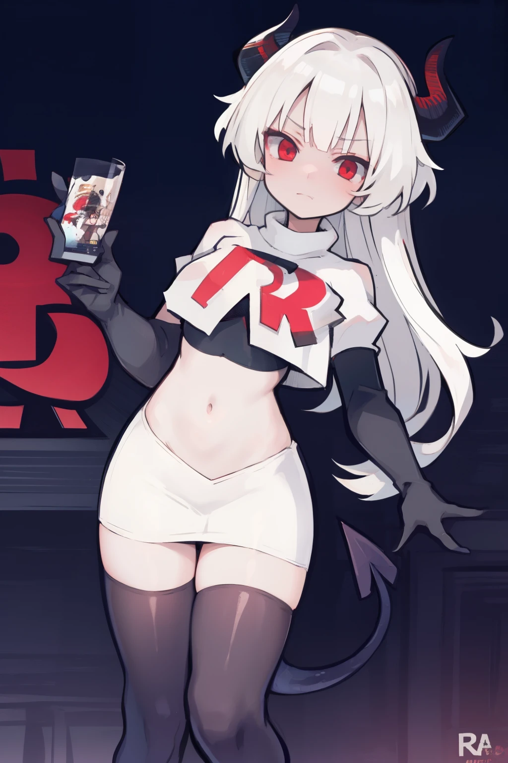 masterpiece, best quality, red eyes, white hair,demon horns, demon tail,team rocket,team rocket uniform,white skirt,red letter R,crop top,black thigh-highs,black elbow gloves, comic strip