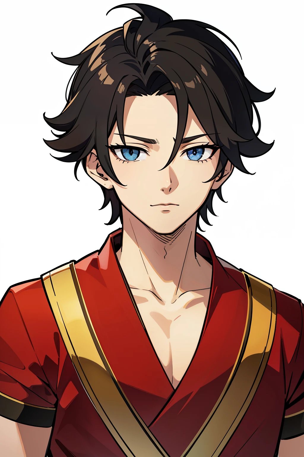 (high-quality, breathtaking),(expressive eyes, perfect face) 1boy, boy, solo, black hair, red coloured eyes, slightly narrowed eyes, comma forehead hair, korean hair, street style, looking at viewer, portrait, ancient greek clothes, red and black tunic, greek, gold sash, music inspired background, related to Orpheus, left ear red earring