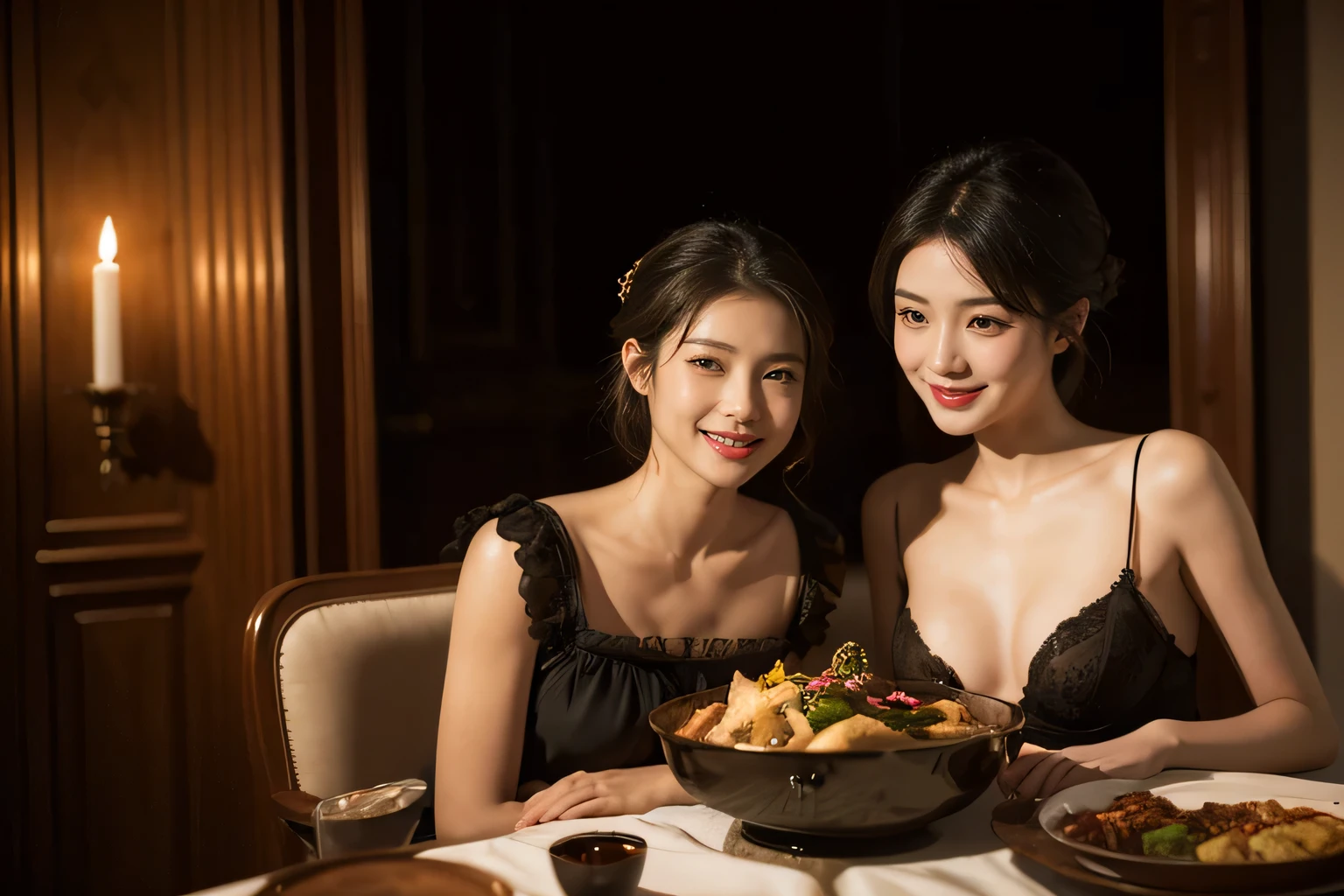 dinner party,Seduce you,,antique,A smile,,Sweet and seductive appearance.、Caravaggio's paintings、Chiaroscuro of Caravaggio,,Cute smile, Expression of ecstasy,erotick,A sexy,Seduce you,Two beautiful women