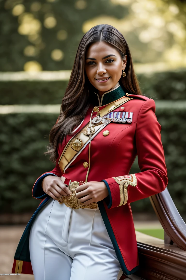 ((masterpiece)), ((best quality)), digital painting, beautiful woman, brown eyes, long hair, eyebrows, facial details, wearing a soldier's uniform, sexy, big breasts, sweet smile, facial details, perfect body anatomy, red jacket, epaulettes, tight trousers, hips, big thighs, cowboy shot, facing the viewer, background, building, royal palace, palace, luxury, garden, (high detail), depth of field, sharp lighting, focus, ( intricate detail), ultra UHD, 16k