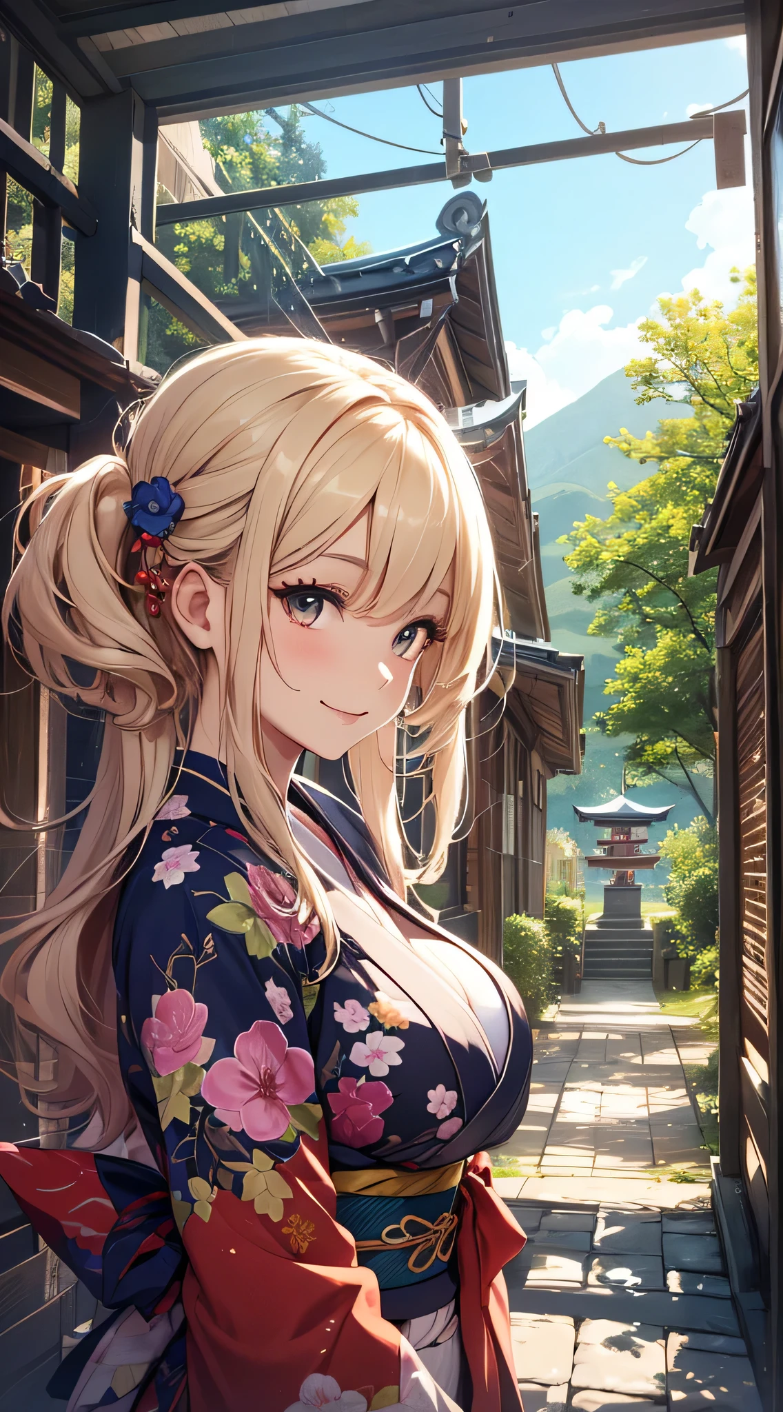 top-quality、Top image quality、masterpiece、teens girl((18year old、 Ager、Best Bust、Medium bust,wide open breast tea、Golden Eyes, a blond、poneyTail、A slender,Highest valley、Red kimono、Cute Hair Ornament、The best smile、Cool pose)),hiquality、Beautiful Art、Background with((jpn、Blue sky、shrines、torii gate、Bright sun、big crowd)),masutepiece、depth of fields、movie、visualart、Perfect Art、POV POV Perspective