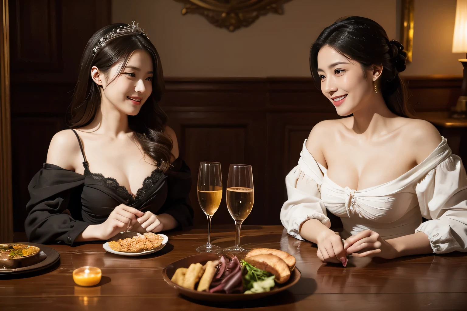 dinner party,Seduce you,,antique,A smile,,Sweet and seductive appearance.、Caravaggio's paintings、Chiaroscuro of Caravaggio,,Cute smile, Expression of ecstasy,erotick,A sexy,Seduce you,Two beautiful women