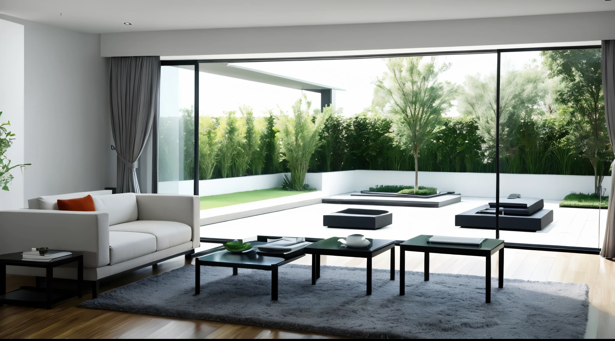 You are a famous interior designer、You have been asked to create a 3D image of a modern large room. Create a harmonious environment with modern and minimalist furniture. Including garden interior.