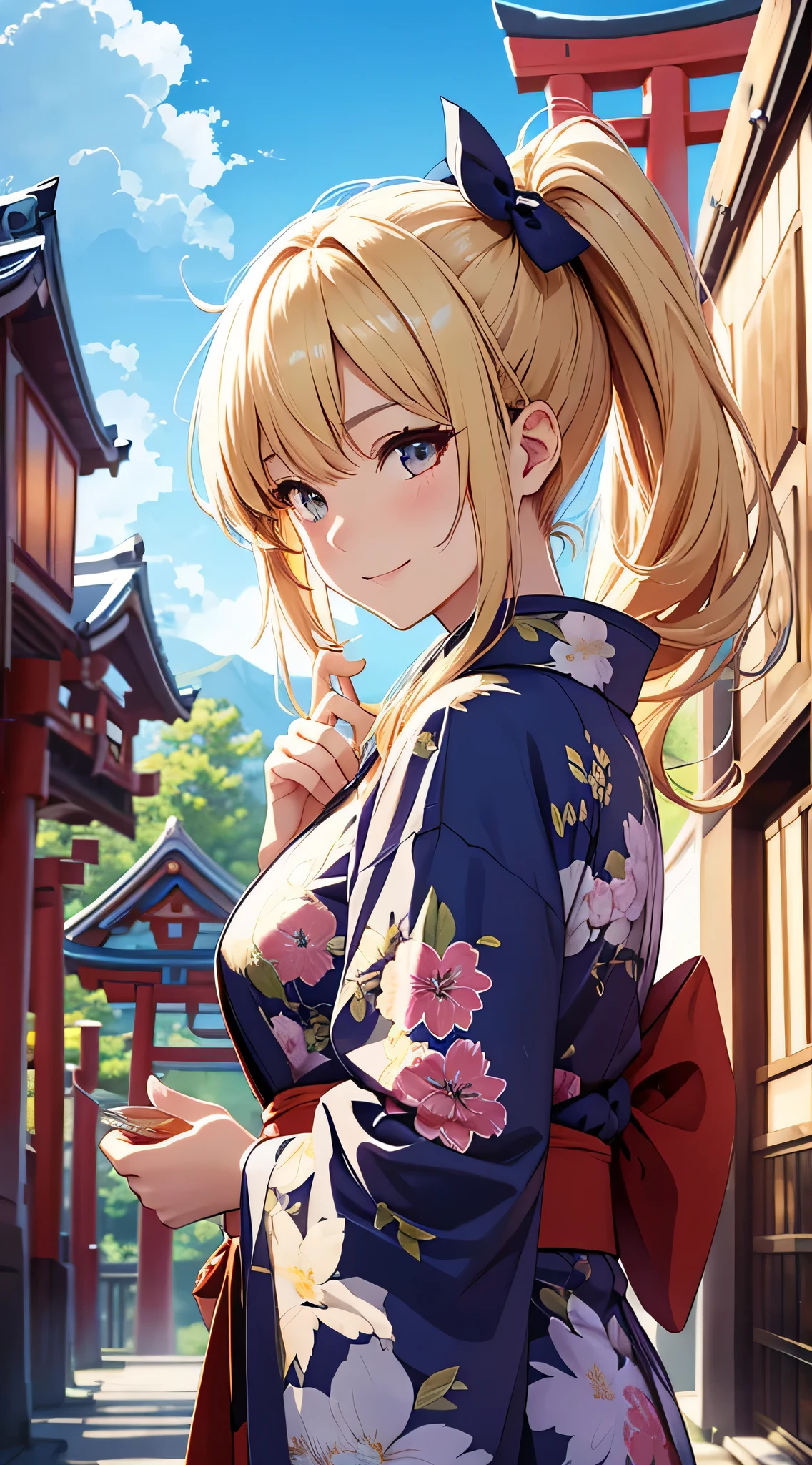 top-quality、Top image quality、​masterpiece、teens girl((18year old、 Ager、Best Bust、Medium bust,wide open breast tea、Golden Eyes, a blond、poneyTail、A slender,Highest valley、Red kimono、Cute Hair Ornament、The best smile、Cool pose)),hiquality、Beautiful Art、Background with((jpn、Blue sky、shrines、torii gate、Bright sun、big crowd)),masutepiece、depth of fields、movie、visualart、Perfect Art、POV POV Perspective