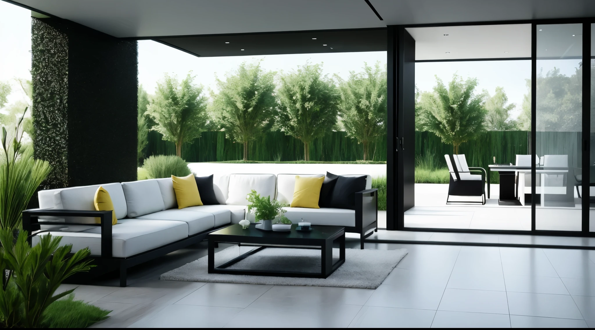 You are a famous interior designer、You have been asked to create a 3D image of a modern large room. Create a harmonious environment with modern and minimalist furniture. Including garden interior.