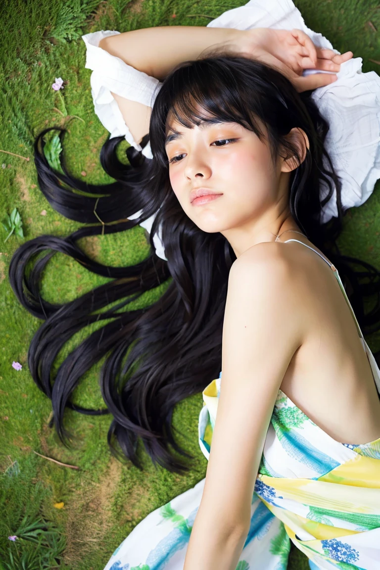 Beautiful girl wearing a summer dress、14years、japanes、(heavy wind)、wistfulness、Black hair straight long hair、With bangs、lose consciousness and lie on your back、A look of relief、