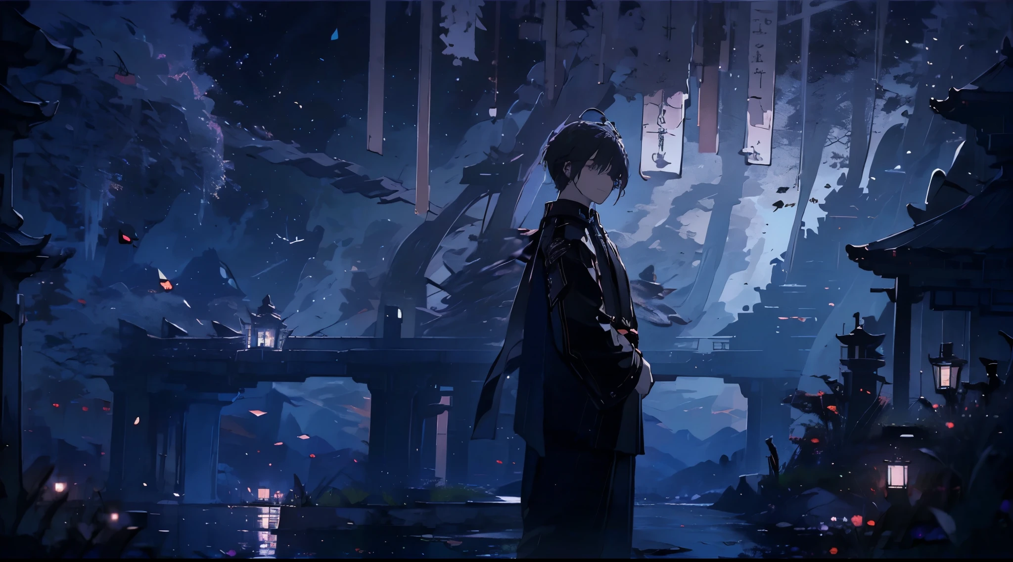 #nigh sky (Darkness of the night,moonlights), #One Writing Boy (16 years old male、writer,Honor Students、A dark-haired、short-hair、Hakama,Sit flat), #Black room at night (No light,Black cat,A book on a desk,1 candle,Beautiful tatami mats,a lots of books,bookshelf)