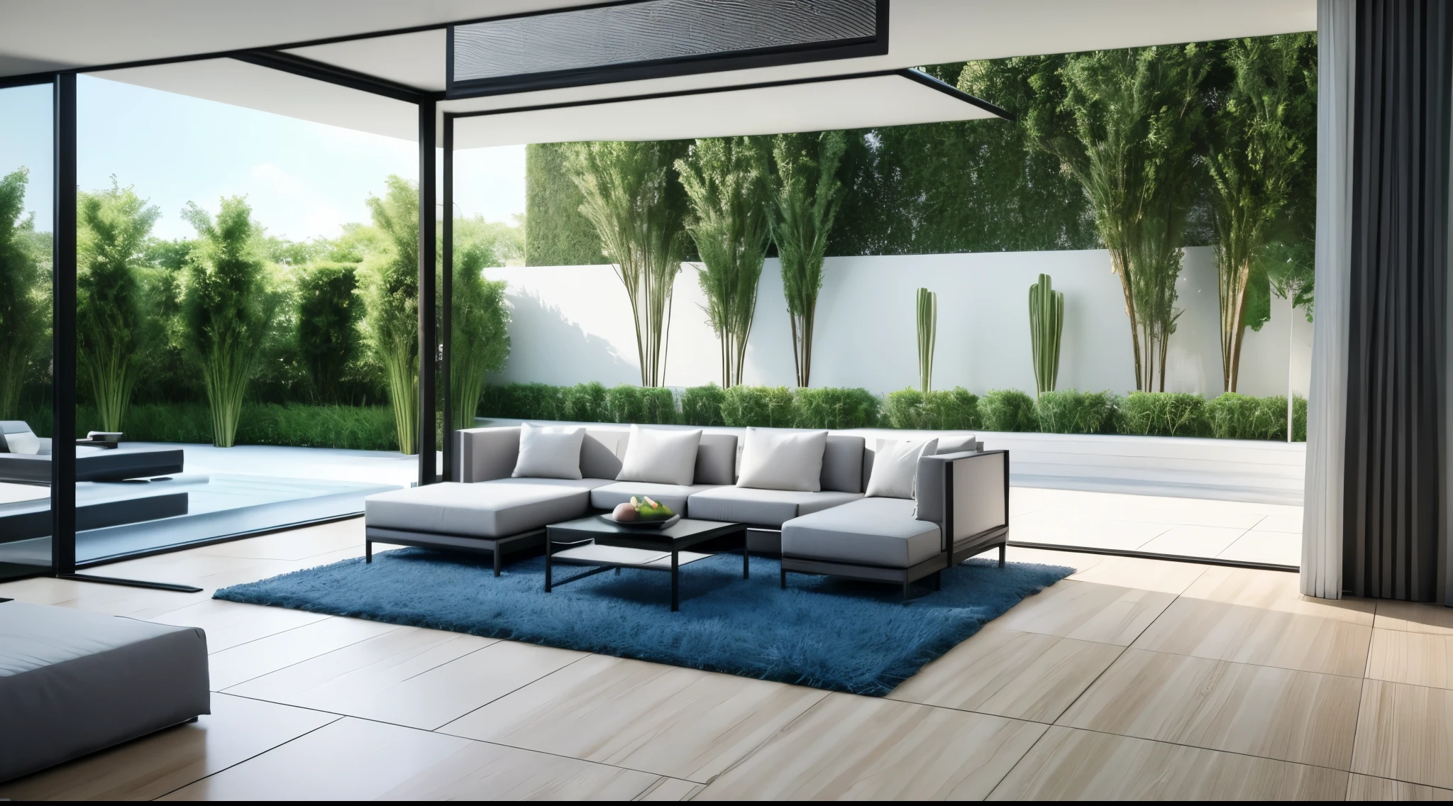 You are a famous interior designer、You have been asked to create a 3D image of a modern large room. Create a harmonious environment with modern and minimalist furniture. Including garden interior.