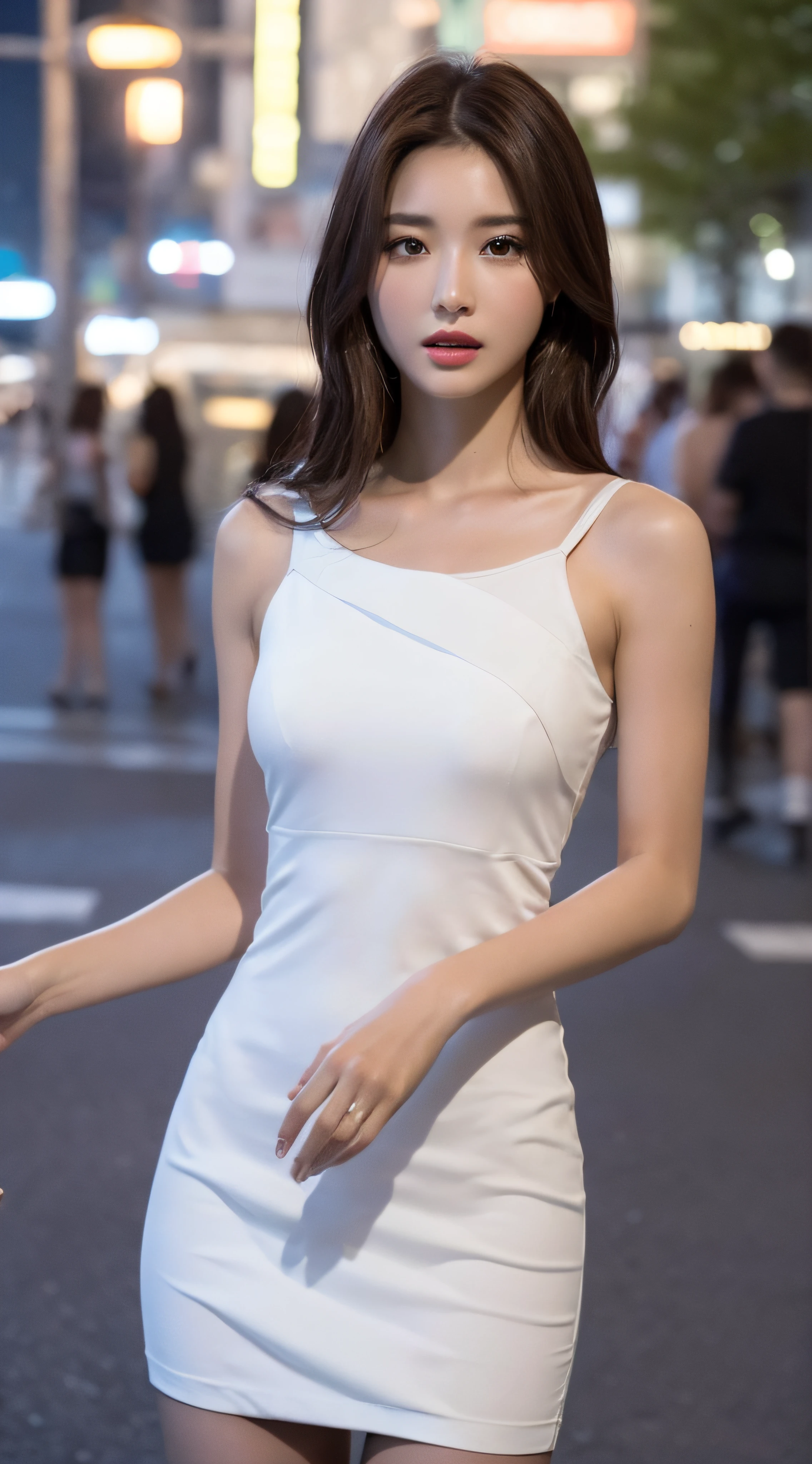 ((Realistic lighting, Best quality, 8K, Masterpiece: 1.3)), Clear focus: 1.2, 1girl, Perfect body beauty: 1.4, Slim abs: 1.1, ((dark brown hair)), (White dress: 1.4), (Outdoor, night: 1.1), City Street, Super Fine Face, Fine Eyes, Double Eyelids, (Over the knee black stockings: 1.5)
