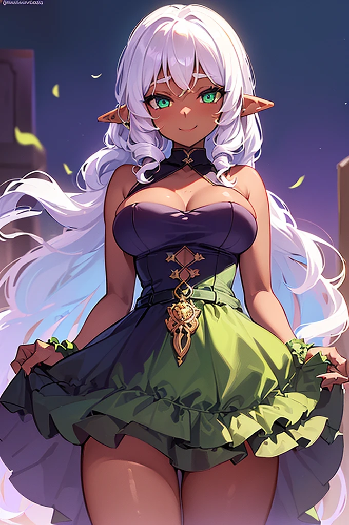 (((I want an elf girl with dark skin, white curly hair, detailed green eyes, a majestic body with full breasts, wearing a lightly low-cut Violet dress with peasant features and on her face a sweet smile)))