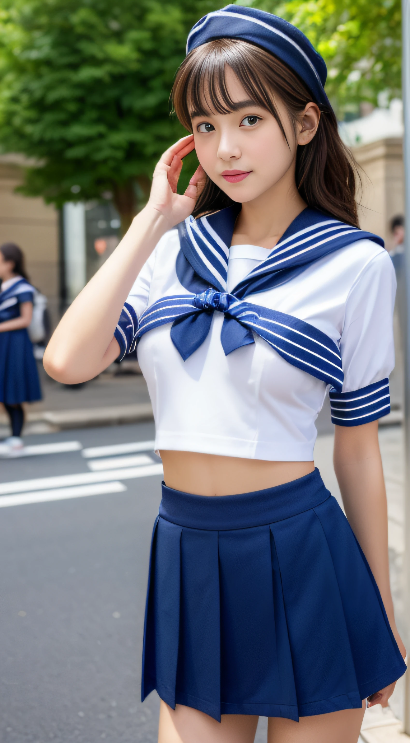 (Realistic lighting、top-quality、8K、masterpiece:1.3)、32K、(1girl in:1.5)、(Composition from the knee up:1.7)、(High school girl in sailor suit:2.0)、summer clothing、(Hold the student bag in front of your hips with both hands:1.8)。((small tits:1.8))、((skinny body:2.0))、((Ultra Slim Body Beauty:1.4))、(Slim abs:1.1)、((light brown hair))、(outside of house:1.1)、City Street、Superfine Face、Fine eyes、二重まぶた