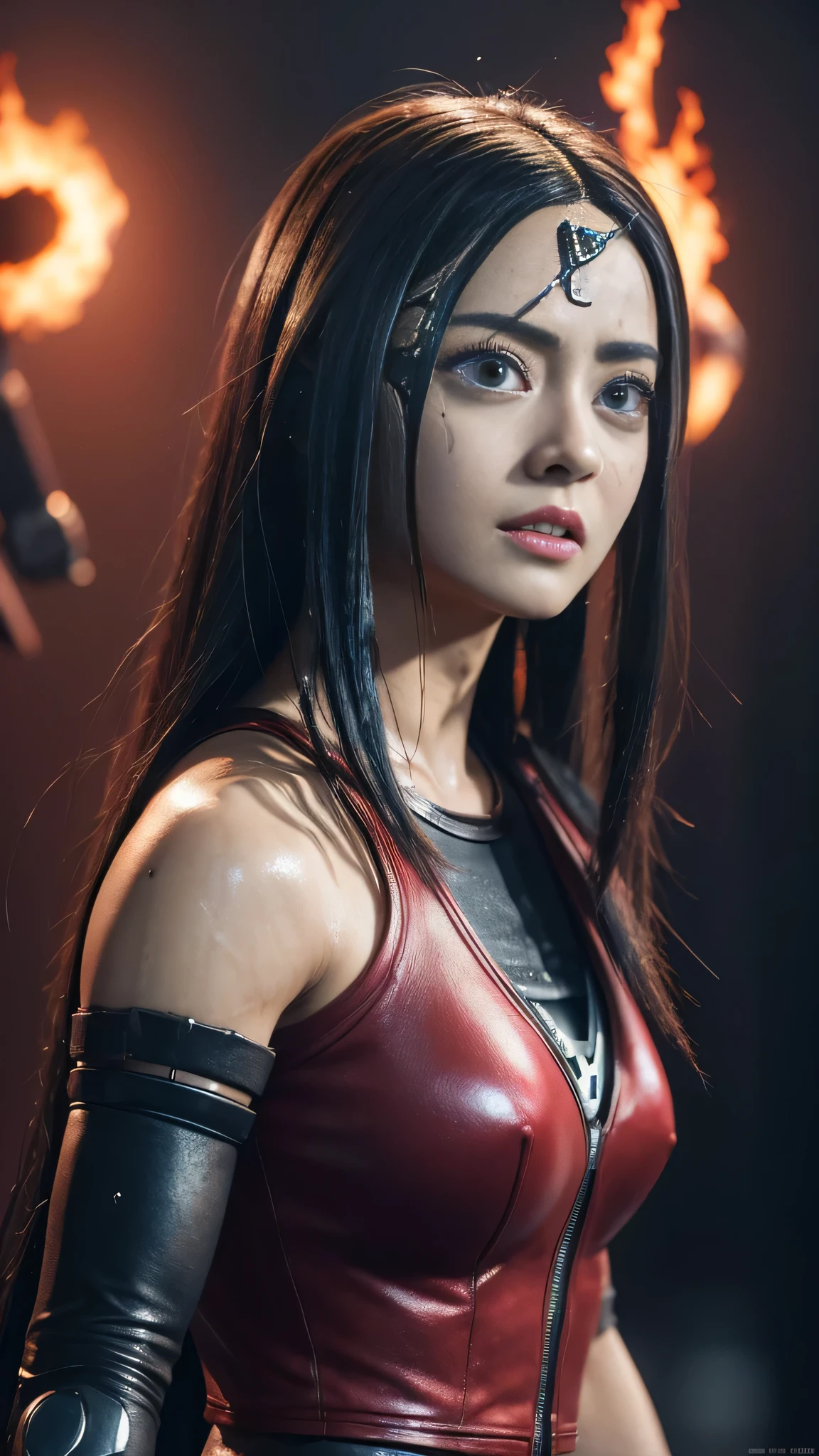 (((movie『Alita』like android)))、（apply red paint under the eyes)(the Extremely Detailed CG Unity 8K Wallpapers,masutepiece, Best Quality, Ultra-detailed, look at a camera), A woman fused with Ifrit, Special Move, Brave woman, shout out:1.5, Open mouth, summoner