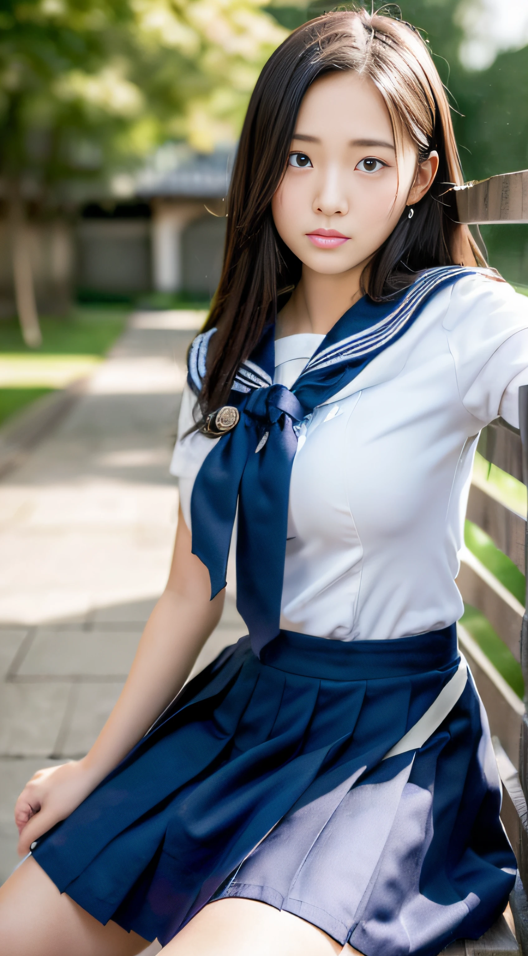 ((masutepiece, Best Quality,  nffsw, 16 K, hight resolution :1.3)) ,ultra-detailliert,  female japan, 15 years old ,huge-breasteit uniform, (Turn a straight face:1.2), Cowboy Shot,