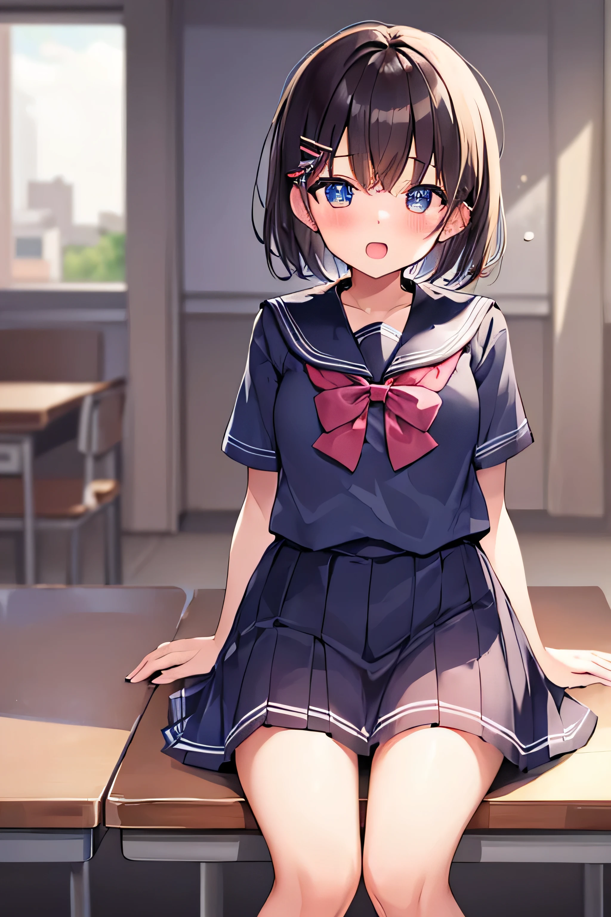 masterpiece、Top image quality、超A high resolution、Lori、well developed girl、Junior high school girl、Short hair、hair clips、Blushing、mock、Open your mouth just a little、Short sleeve sailor suit、Mini skirt、knee sox、Inside the classroom