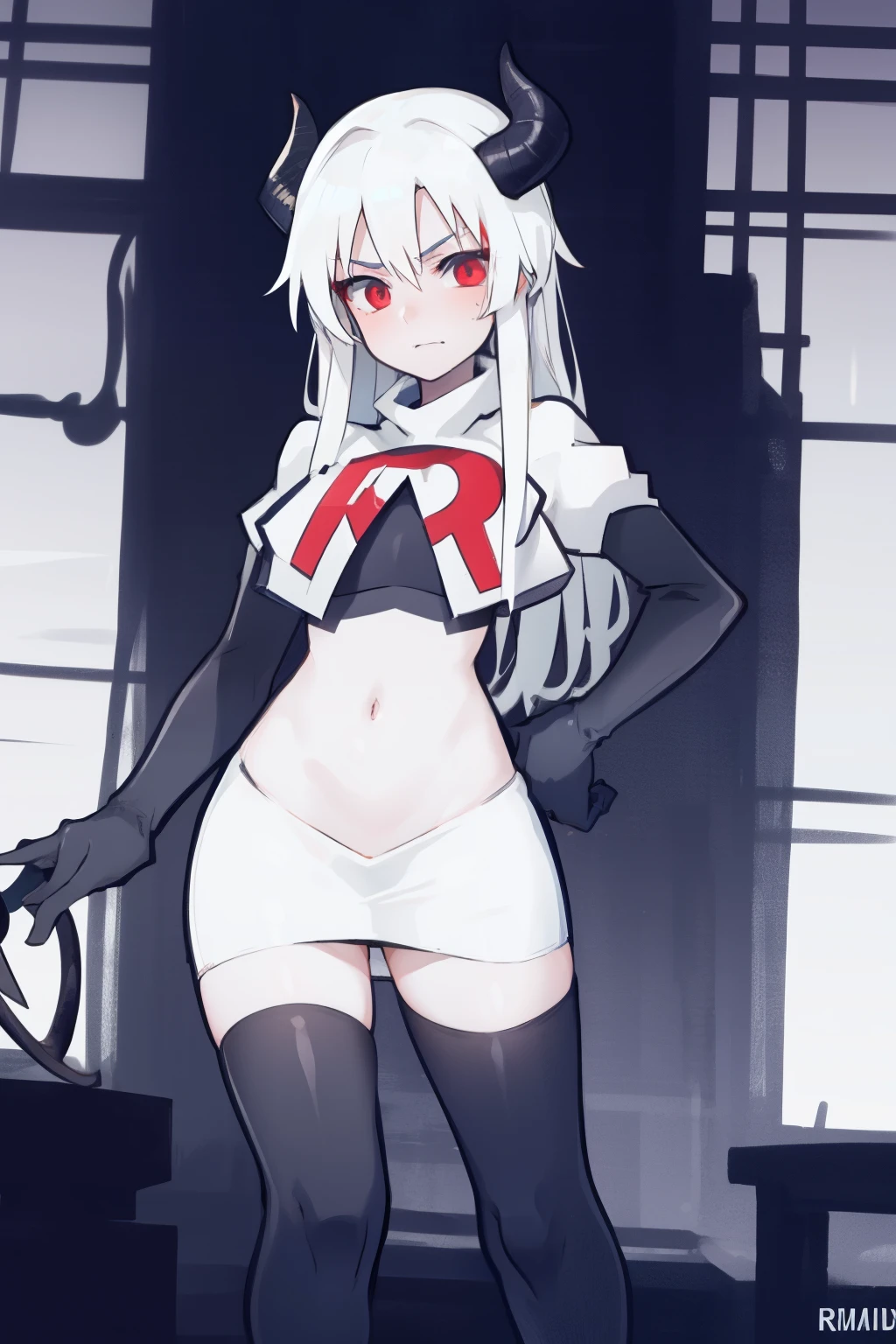 masterpiece, best quality, red eyes, white hair, twintails,black hair ribbons,demon horns, demon tail,team rocket,team rocket uniform,white skirt,red letter R,crop top,black thigh-highs,black elbow gloves, comic strip