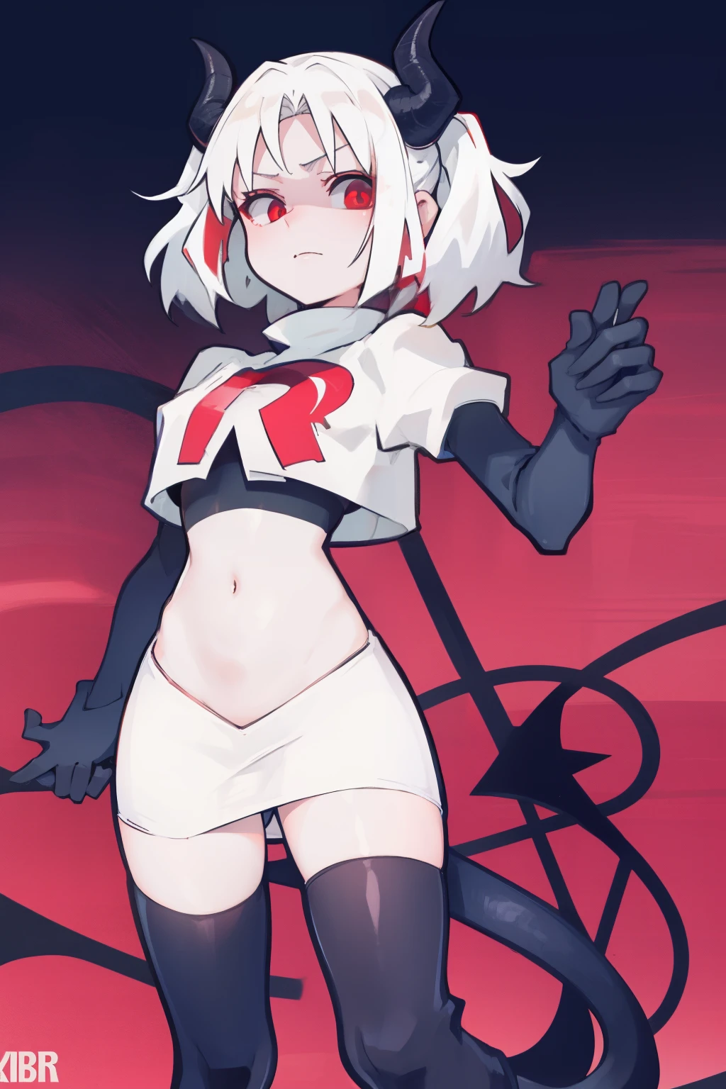 masterpiece, best quality, red eyes, white hair, twintails,black hair ribbons,demon horns, demon tail,team rocket,team rocket uniform,white skirt,red letter R,crop top,black thigh-highs,black elbow gloves, comic strip