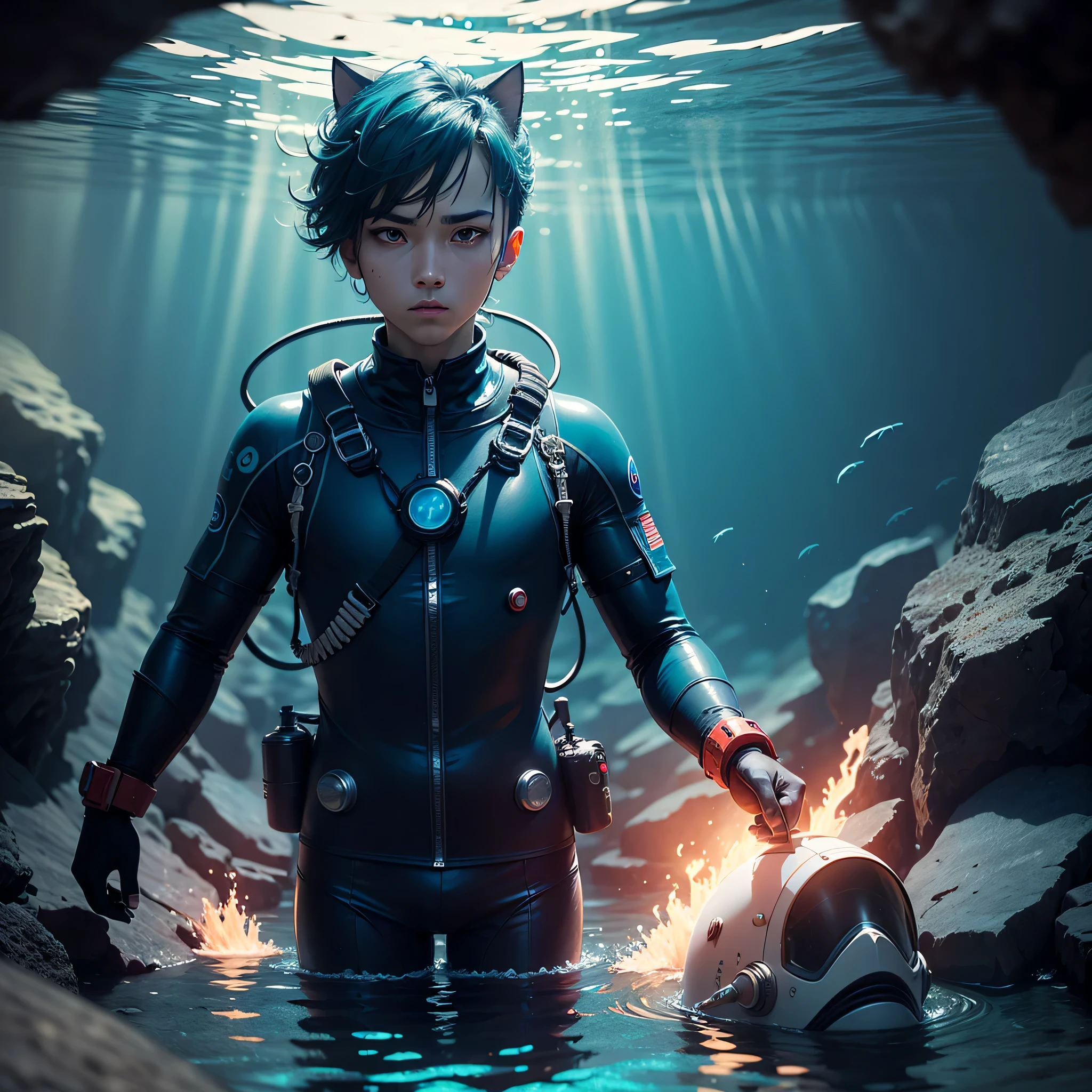 (masterpiece, best quality, beautiful anime art:1.4) submarine, underwater_view, ((1boy,)) blue hair, blue cat ears, full_body_shot, determined_expression, holding_steering_wheel, submarine_window_view, dimly_lit, blue_theme, monochrome, underwater_caves, sunken_shipwreck, bubbles, ray_of_light, mysterious, serene, diving_suit, oxygen_tank, tied_back_hair, goggles, glowing_eyes, periscope, gauges, control_panels, nuclear_submarine, torpedoes, sonar_equipment, metal_walls, porthole_windows, schools_of_fish, coral_reef, ocean_exploration, deep_sea_adventure, hidden_treasures, aquatnvironment, cinematic light, (sharp focus:1.6), highly detailed, ultra realistic, 8k