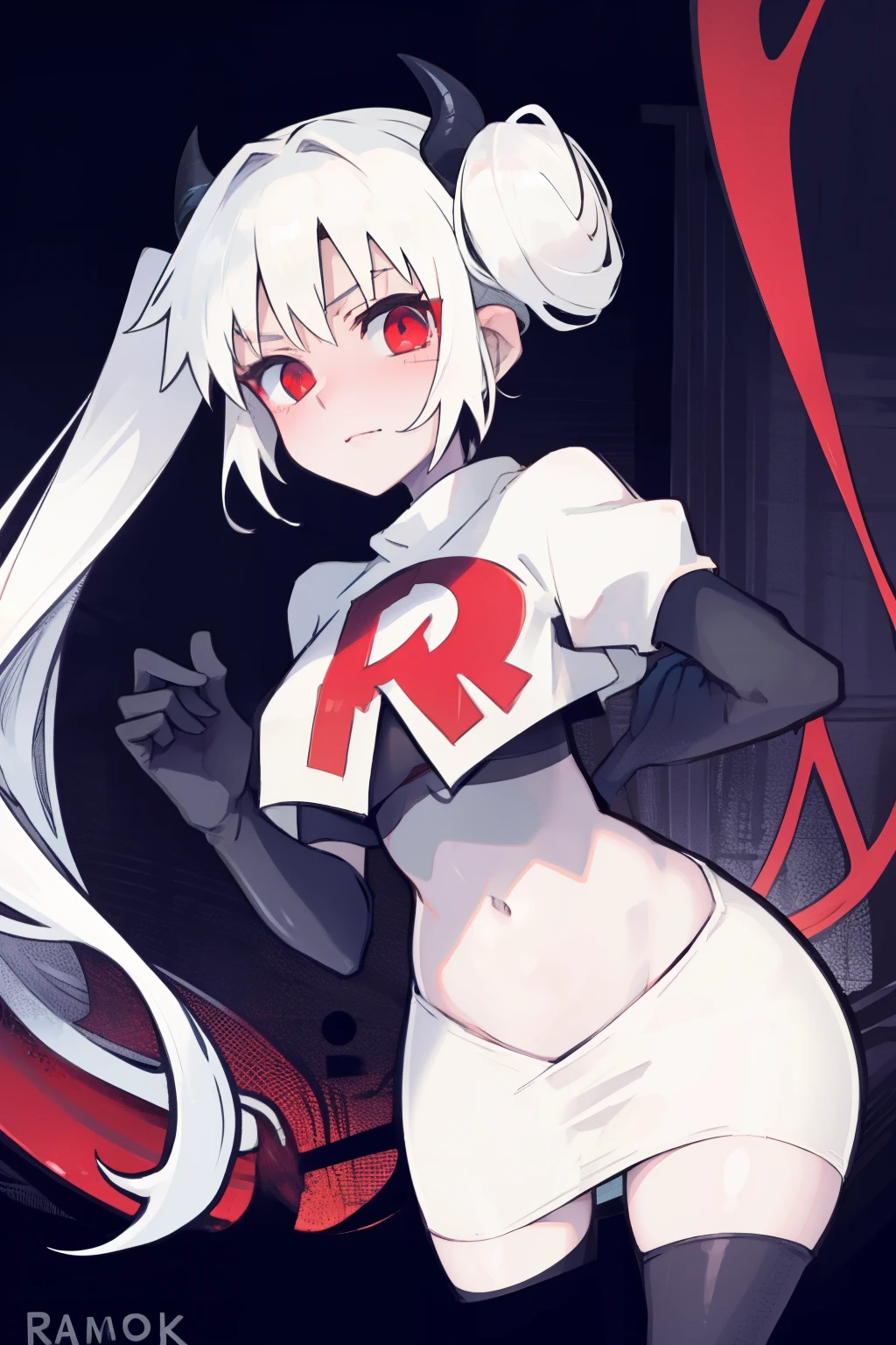 masterpiece, best quality, red eyes, white hair, twintails,black hair ribbons,demon horns, demon tail,team rocket,team rocket uniform,white skirt,red letter R,crop top,black thigh-highs,black elbow gloves, comic strip