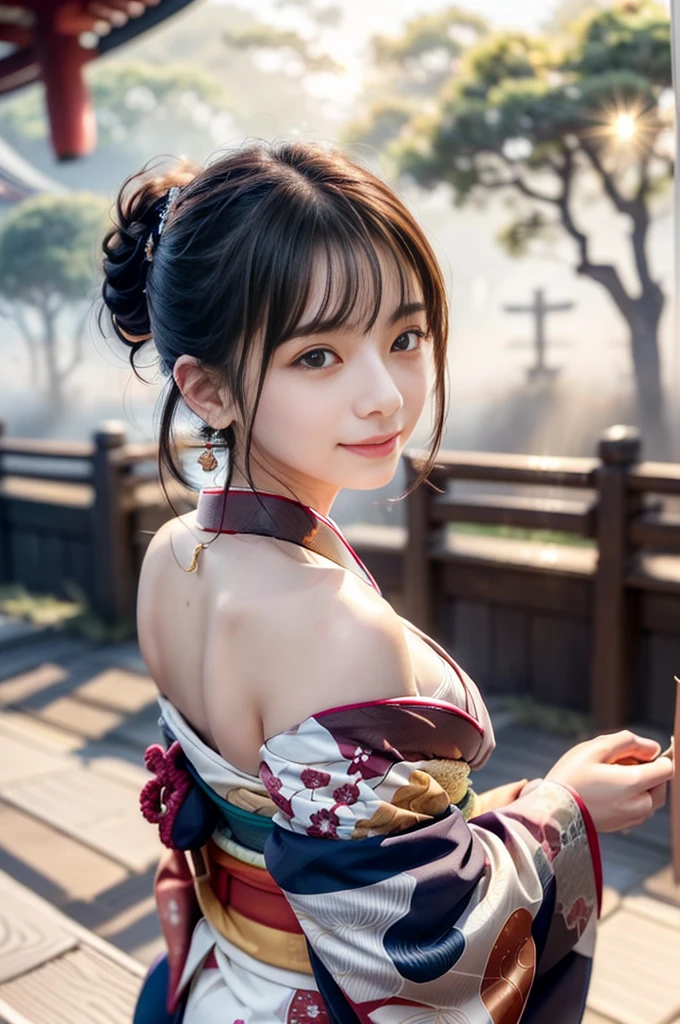 (Photoreal Stick:1.5, masutepiece:1.5, RAW shooting, 8K), (top-quality, masterpiece, 超A high resolution), morning, January, Precincts of the shrine, ((fog the lens:1.4)), ((Shoot with blur:1.5)), ((sunrises, Sunlight coming in from behind:1.6, Strong sunlight spreads across the screen:1.6)), ((Strong sunlight shines on a woman:1.7)), ((The entire screen appears white and hazy due to strong sunlight.:1.8)), ((The woman looks blurry due to the strong sunlight:1.9)), Face Sharp Focus:1.3, Professional camera work:1.3, Highly detailed skin and facial texture:1.3, Grow Light Effect, The ultra-detailliert:1.3, 1girl in, Fair skin, (Sense of clarity:1.4, a small face), Extremely beautiful face:1.5, (Sense of clarityを感じる目:0.9, looking distantly), A smile:1.0, i love you completely:0.8, (Slightly open mouth:0.4, Sense of clarityを感じる口当たり:0.7), 二重まぶた, Dark brown medium hair, necklace and earrings, (japanese kimono, off shoulders)