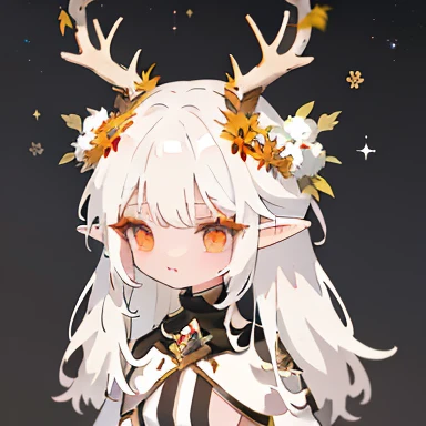 Cartoon image of girl with long white hair and deer head, anthropomorphic deer woman, maplestory mouse, short horns, anthropomorphic female deer, white horns queen demon, She has elf ears and golden eyes, The style of Maple Story, ancient horned god, Elf Princess, Elven queen, elf girl, horns on her head